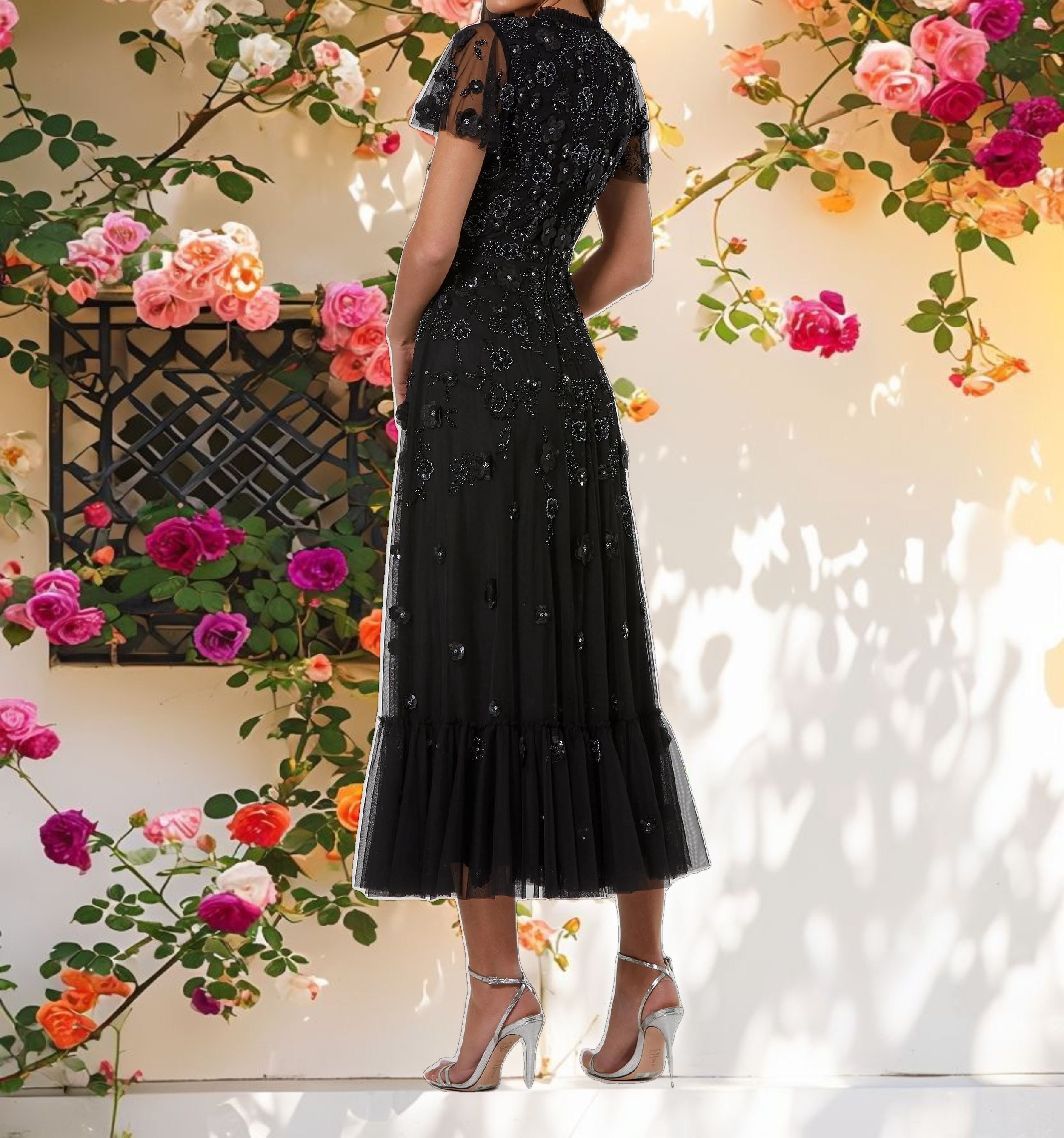 Studded High Neck Cap Sleeve A Line Dress