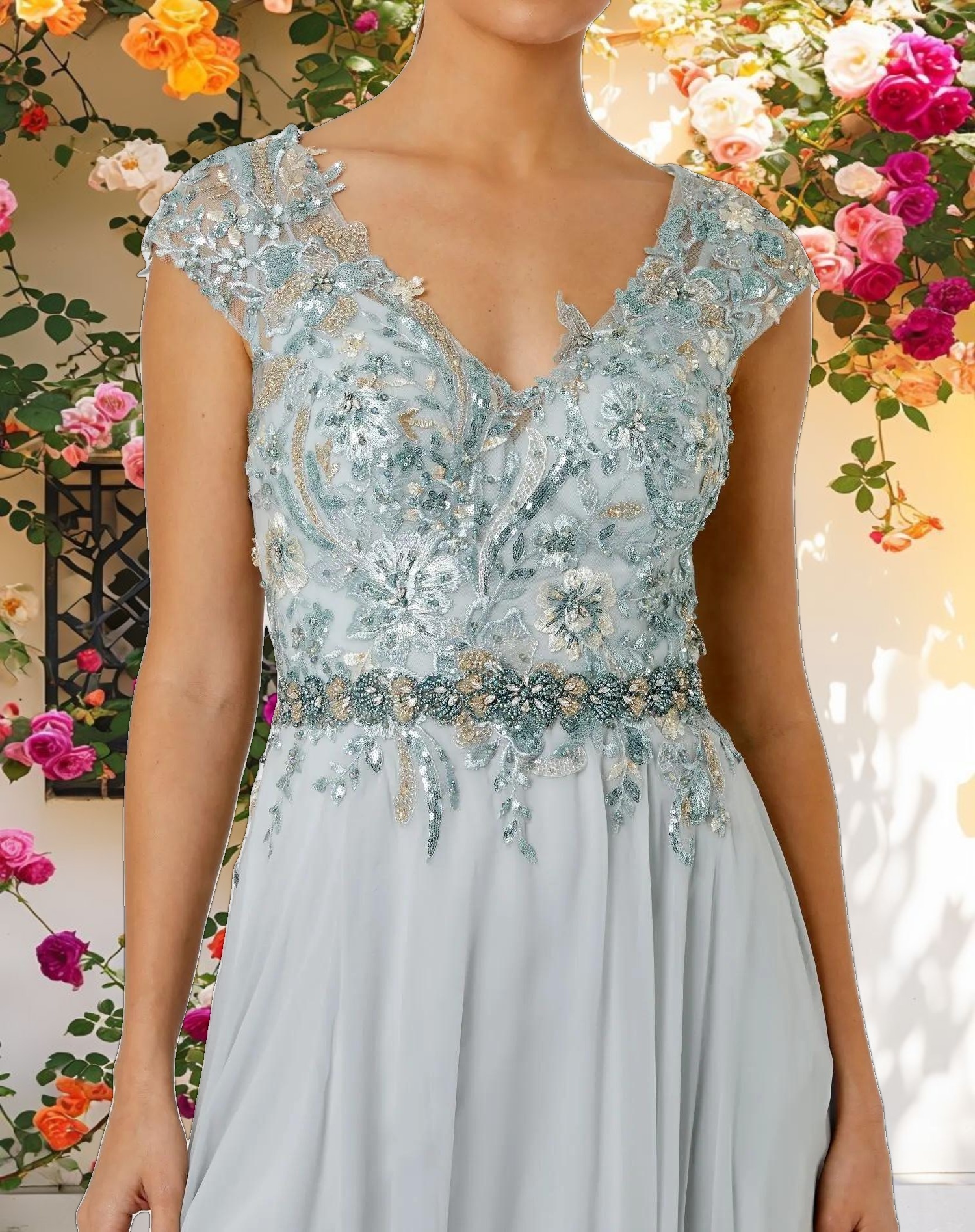 Flowy Embellished Cap Sleeve Bodice