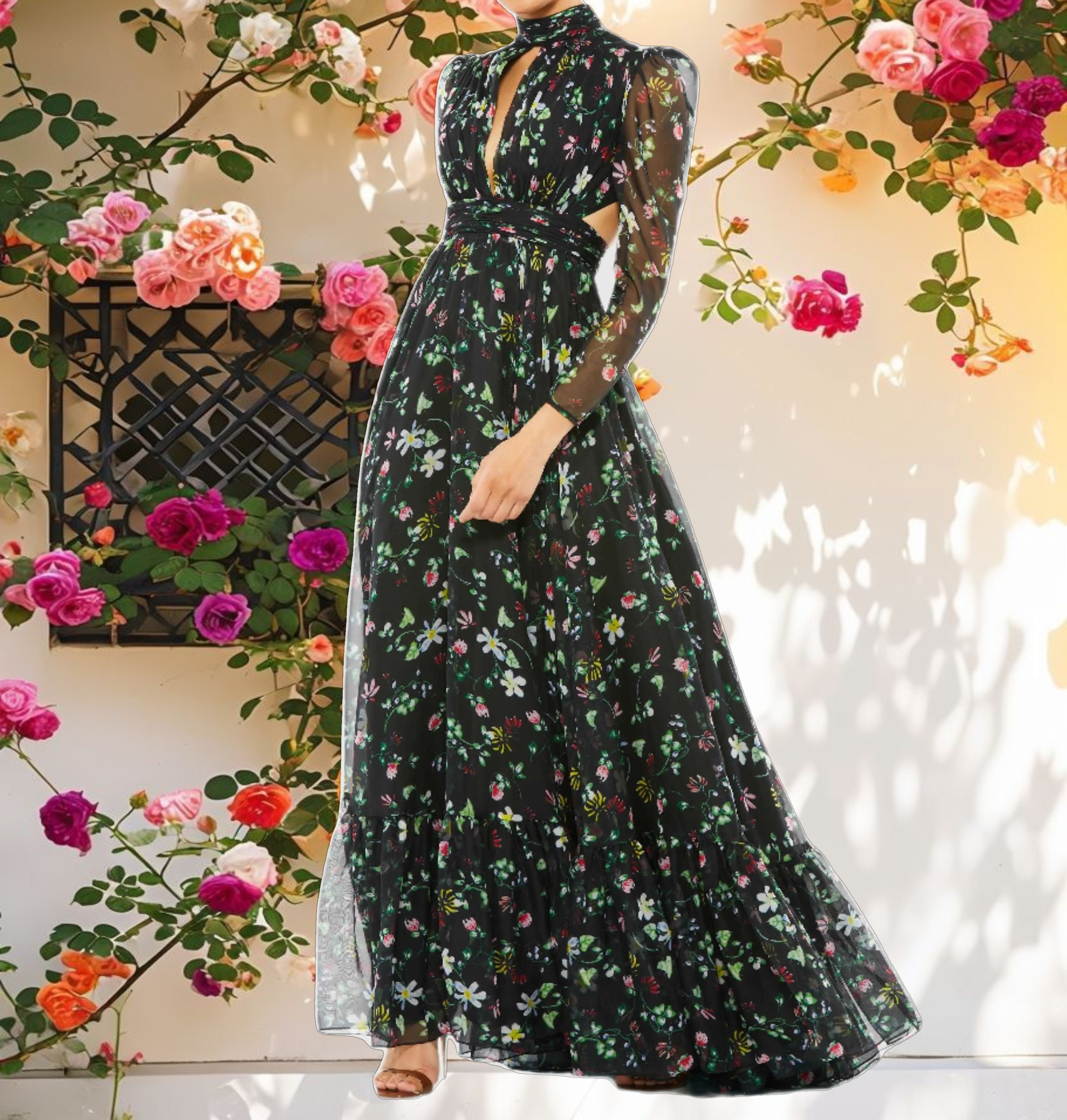 Floral Print High Neck Puff Sleeve Dress