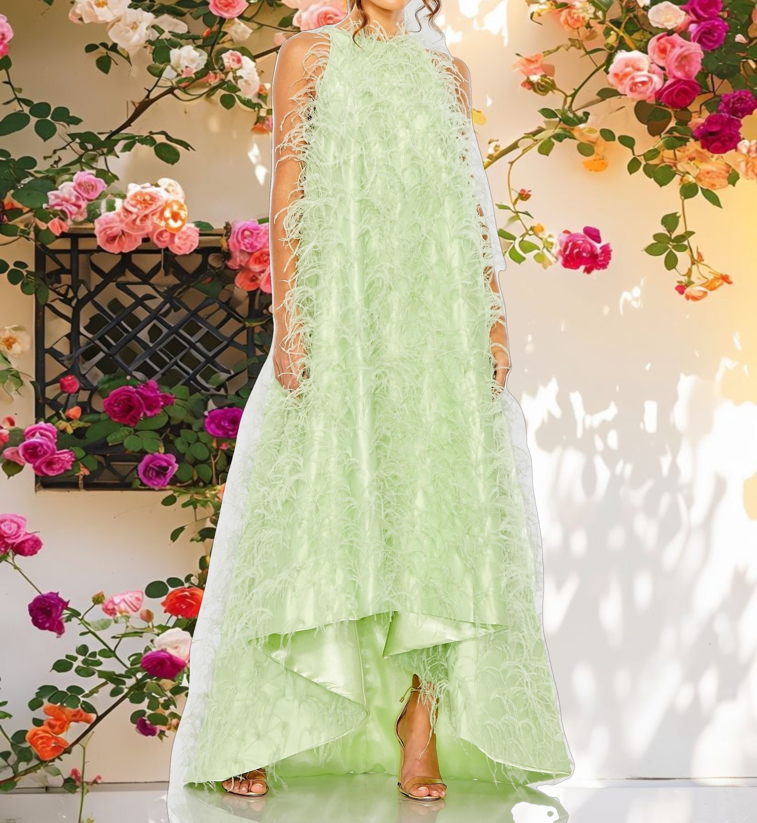 Satin Feather Embellished Evening Dress