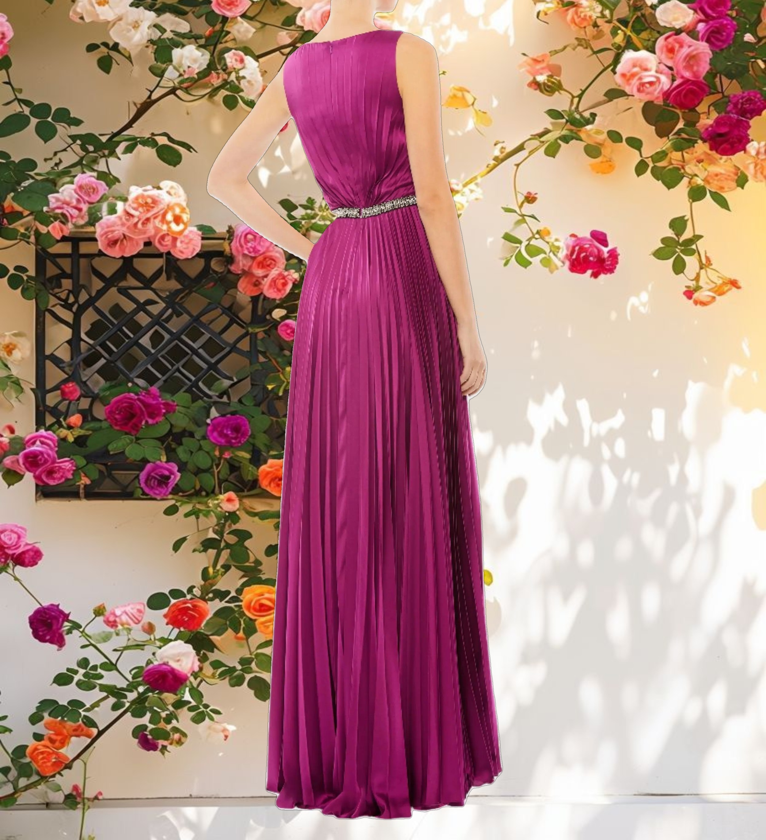 Pleated Sleeveless Bateau Gown