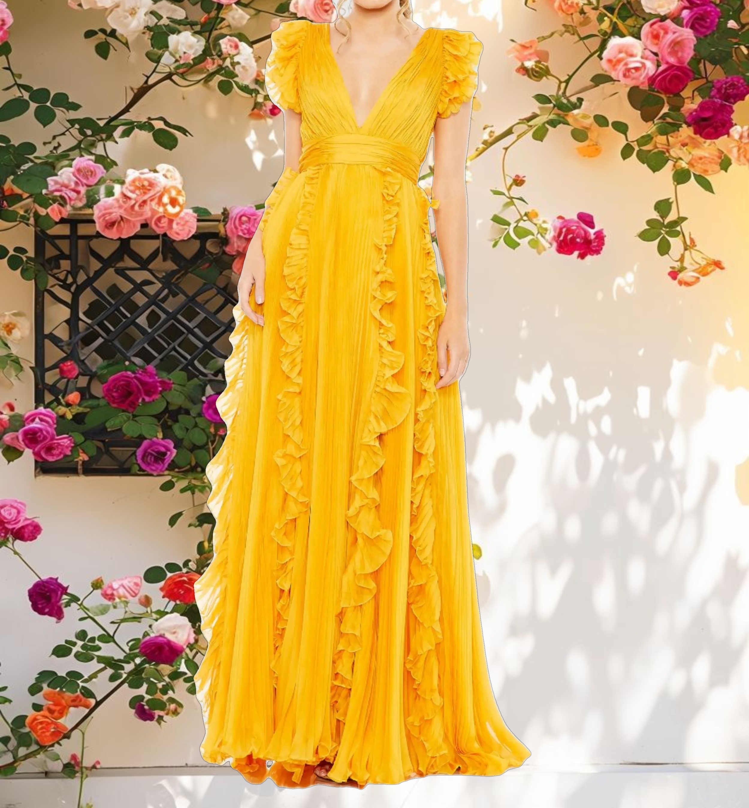 Yellow Pleated Ruffle Cap Sleeve Flowy A Line Gown