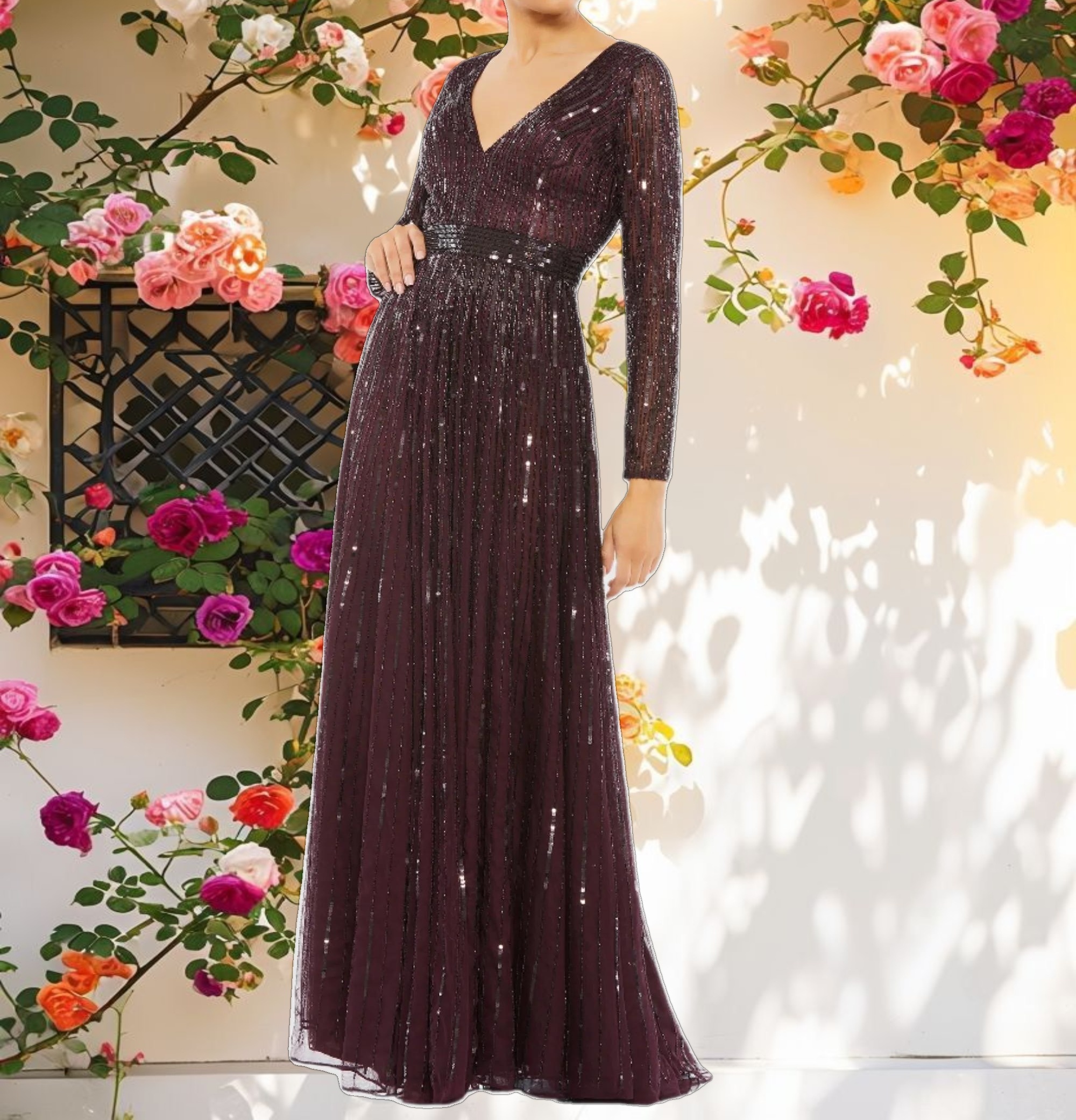 Pink Sequined V Neck Illusion Sleeve A Line Gown