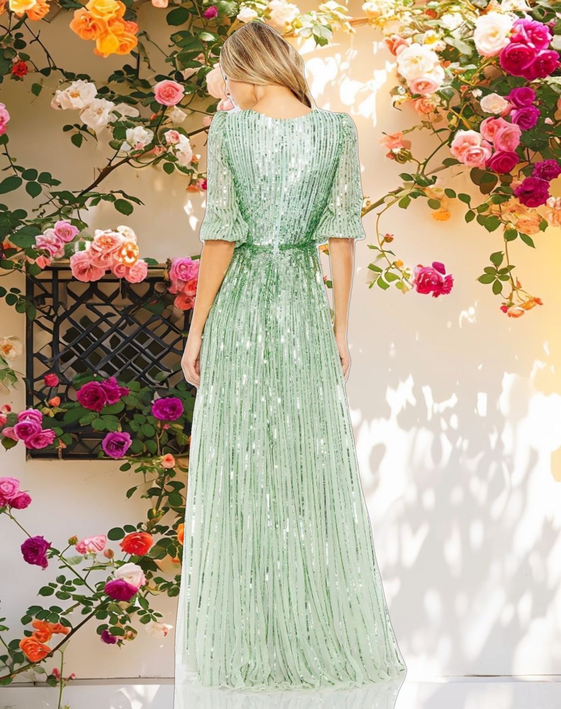 Green Sequined Wrap Over 3/4 Sleeve Gown