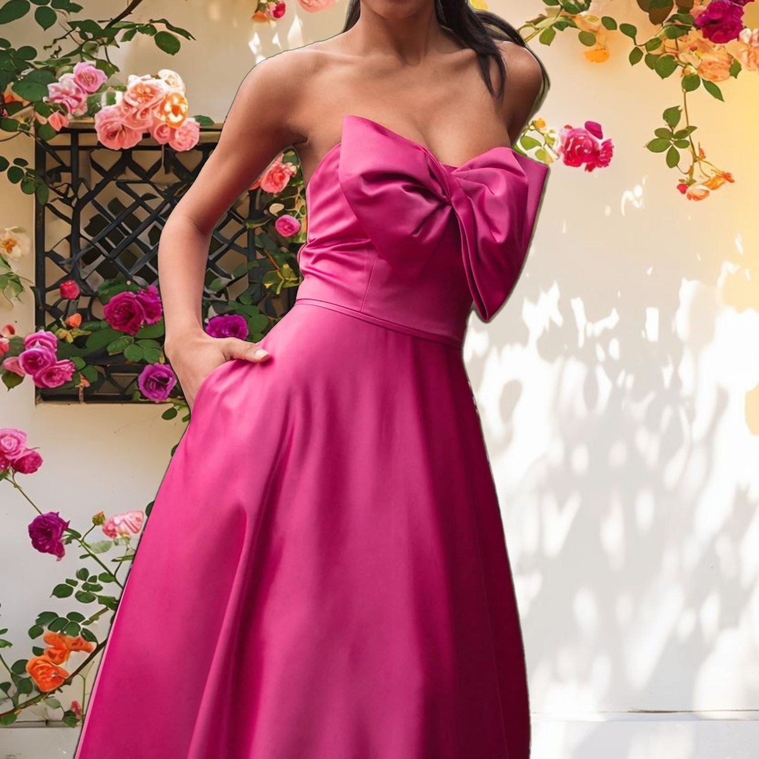 Pink Strapless A Line Bow Ballgown