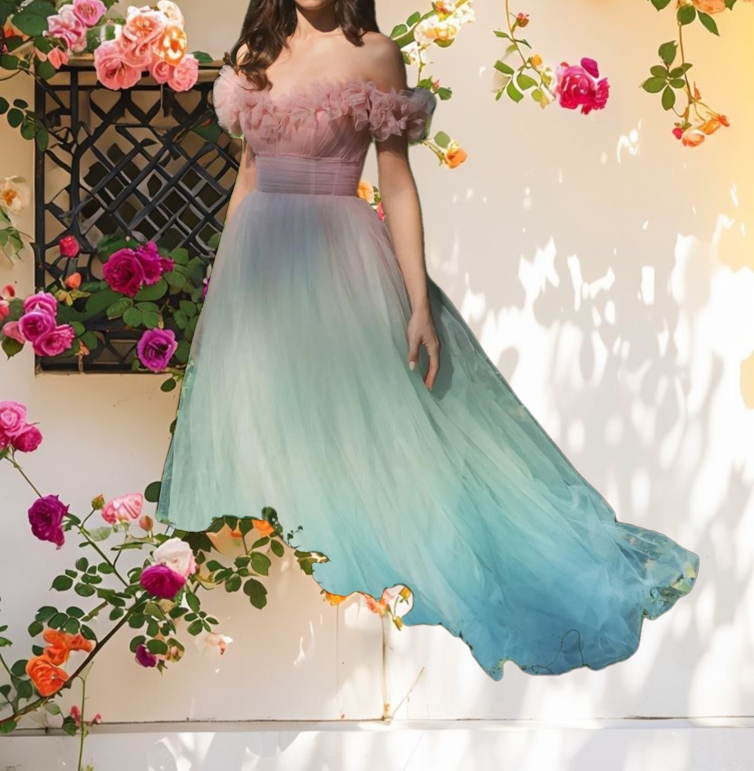 Multi-color Off The Shoulder Ombre Tulle Dress