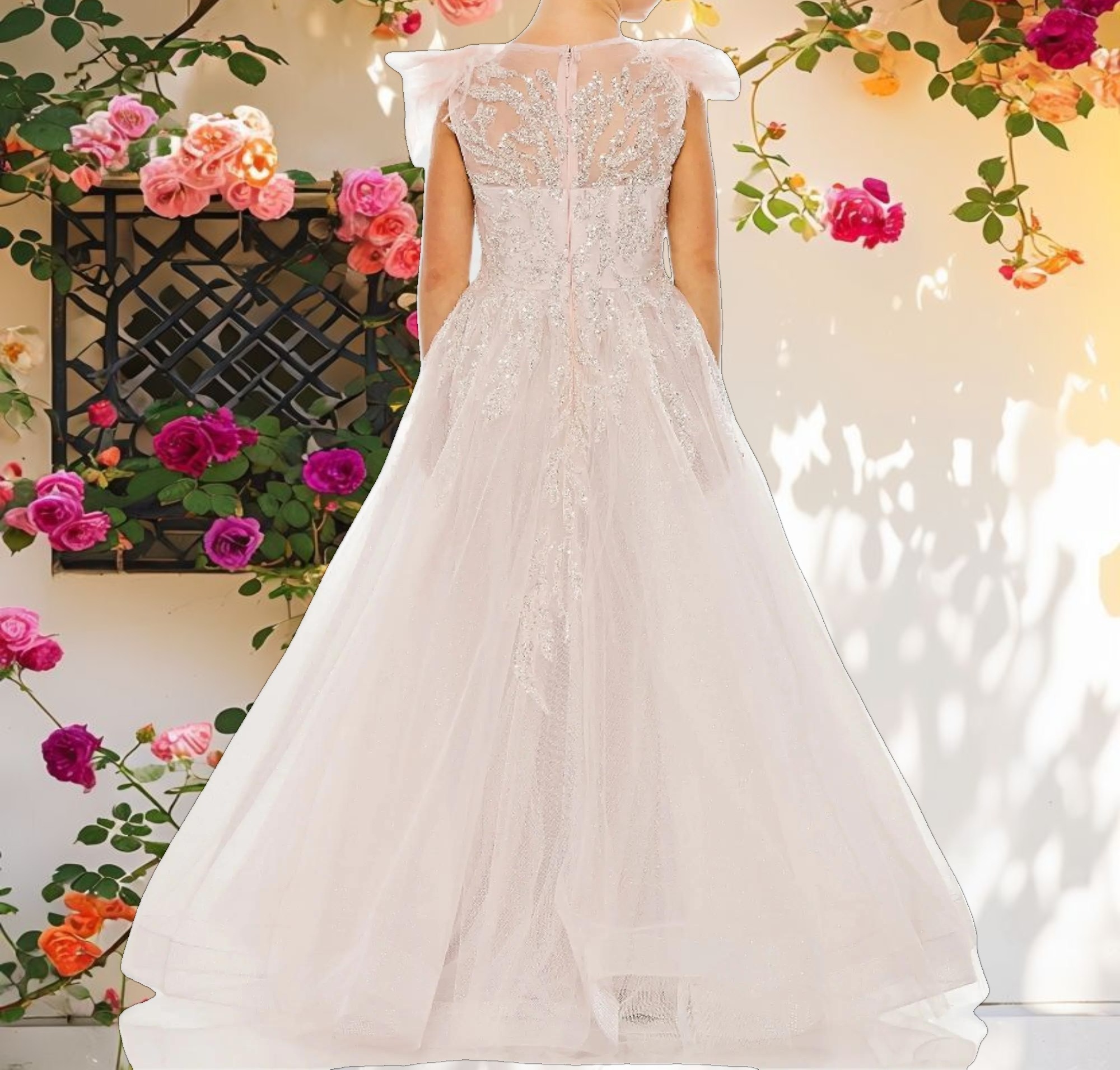 Light Pink Girls Feather Sleeve Detail Glitter Tulle Dress