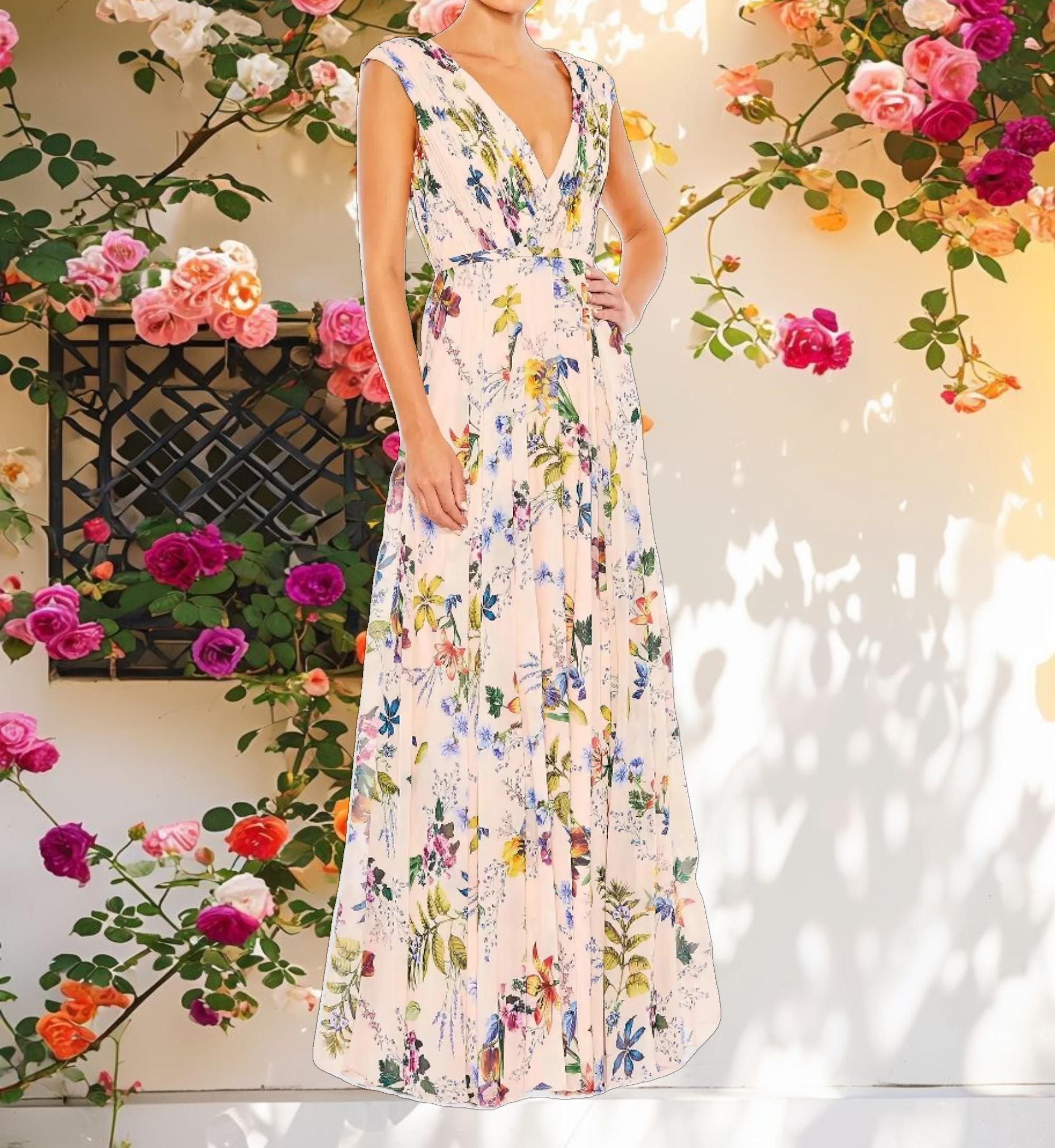 Pink Multicolor Pleated Floral Cap Sleeve A Line Gown