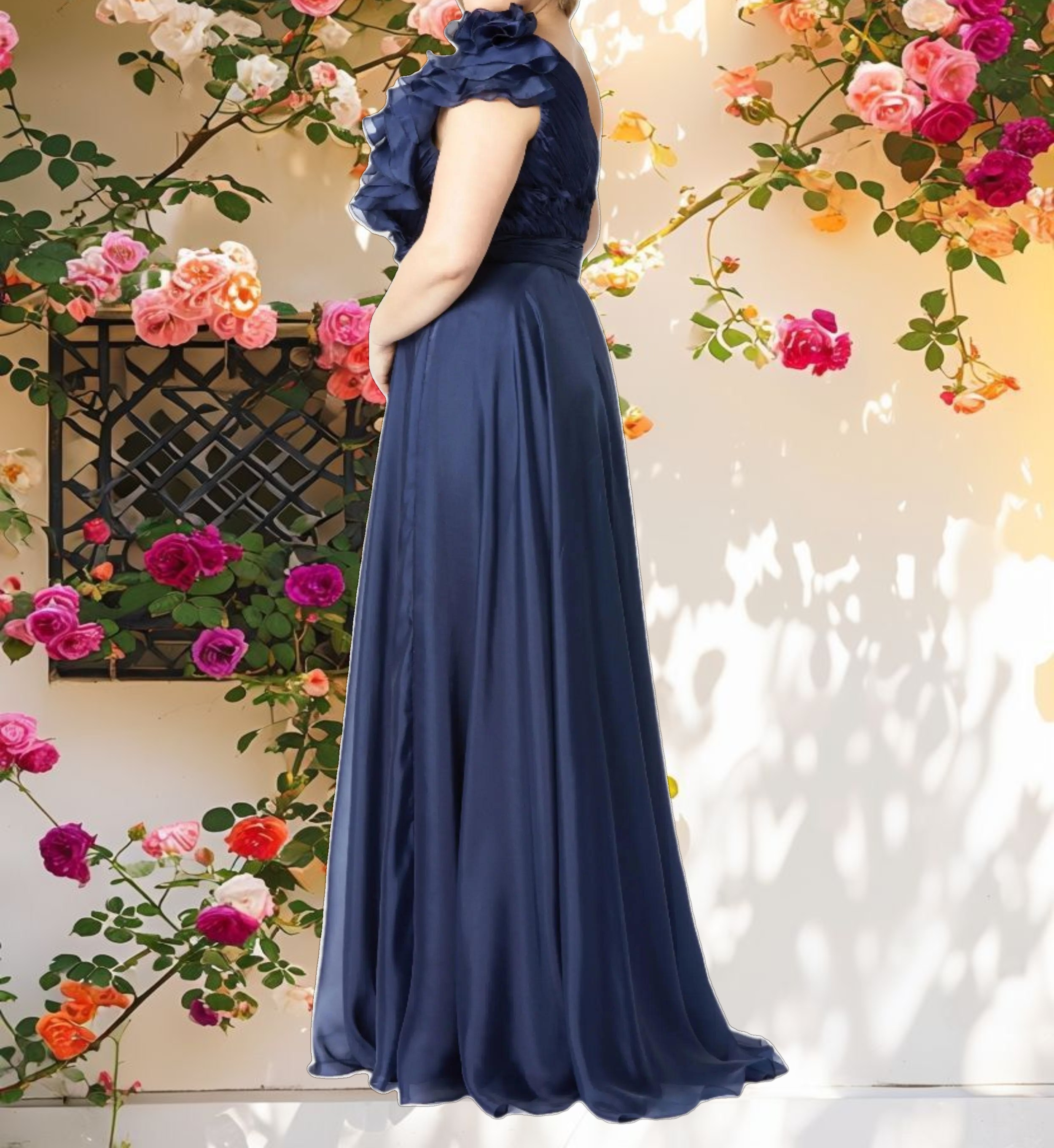 Navy One Shoulder Ruffle Evening Gown (Plus)