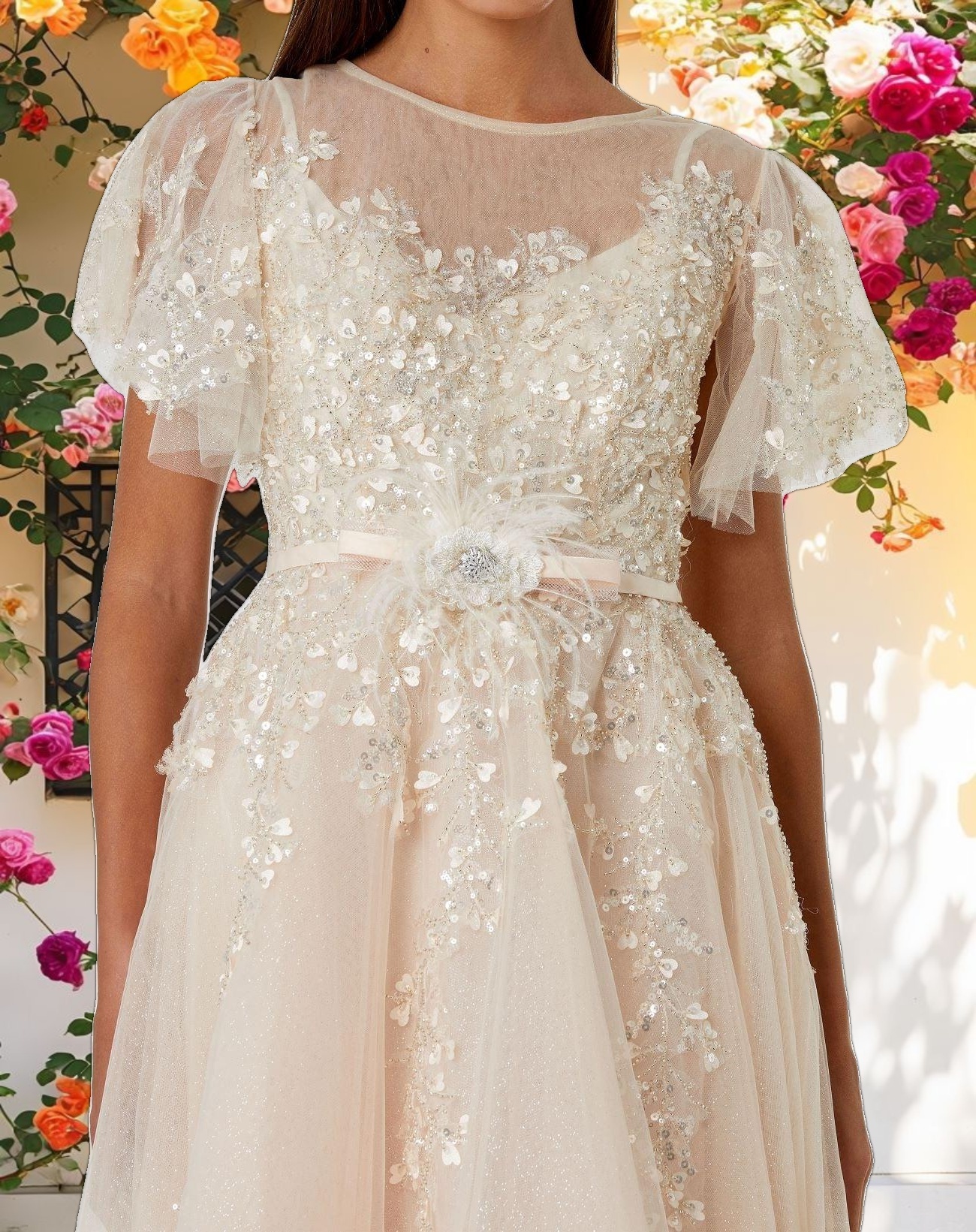 Beige Embellished Flutter Sleeve Bow Waist A Line Dress