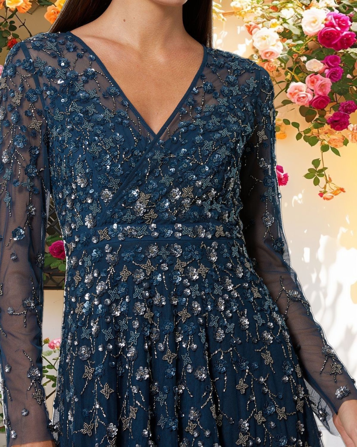 Navy Embellished Wrap Over Illusion Long Sleeve A Line Gown