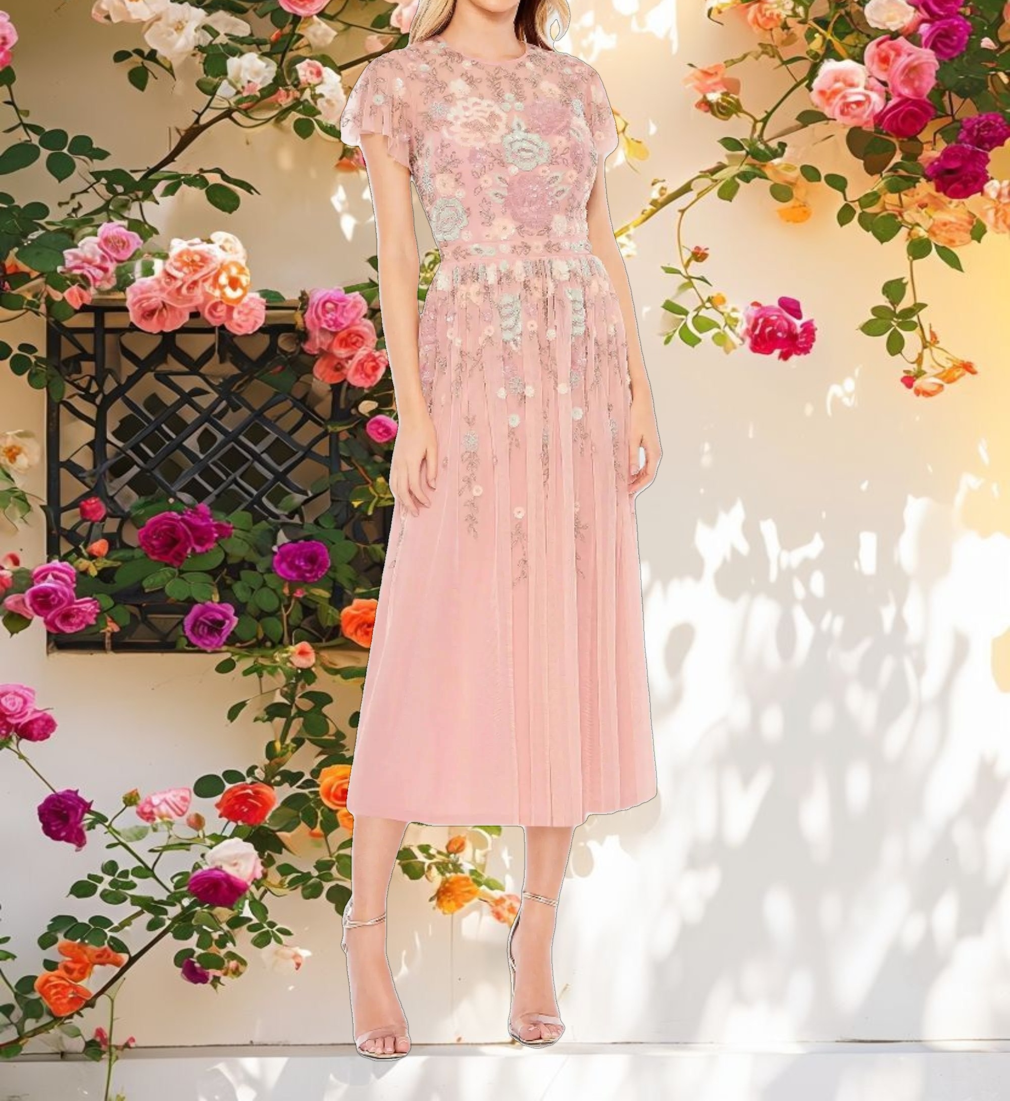 Pink Embellished Illusion High Neck Butterfly Sleeve Midi Dress