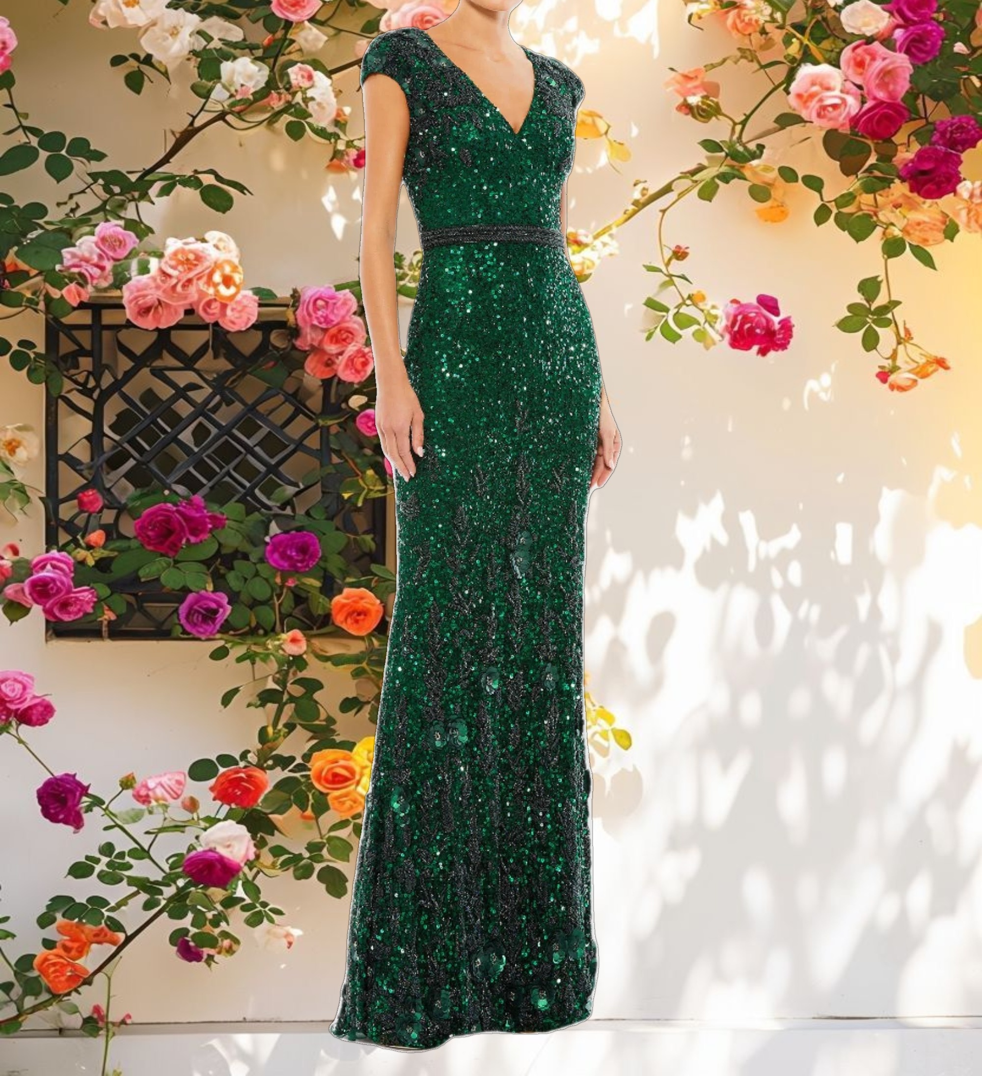 Green Embellished V Neck Cap Sleeve Sequin Gown
