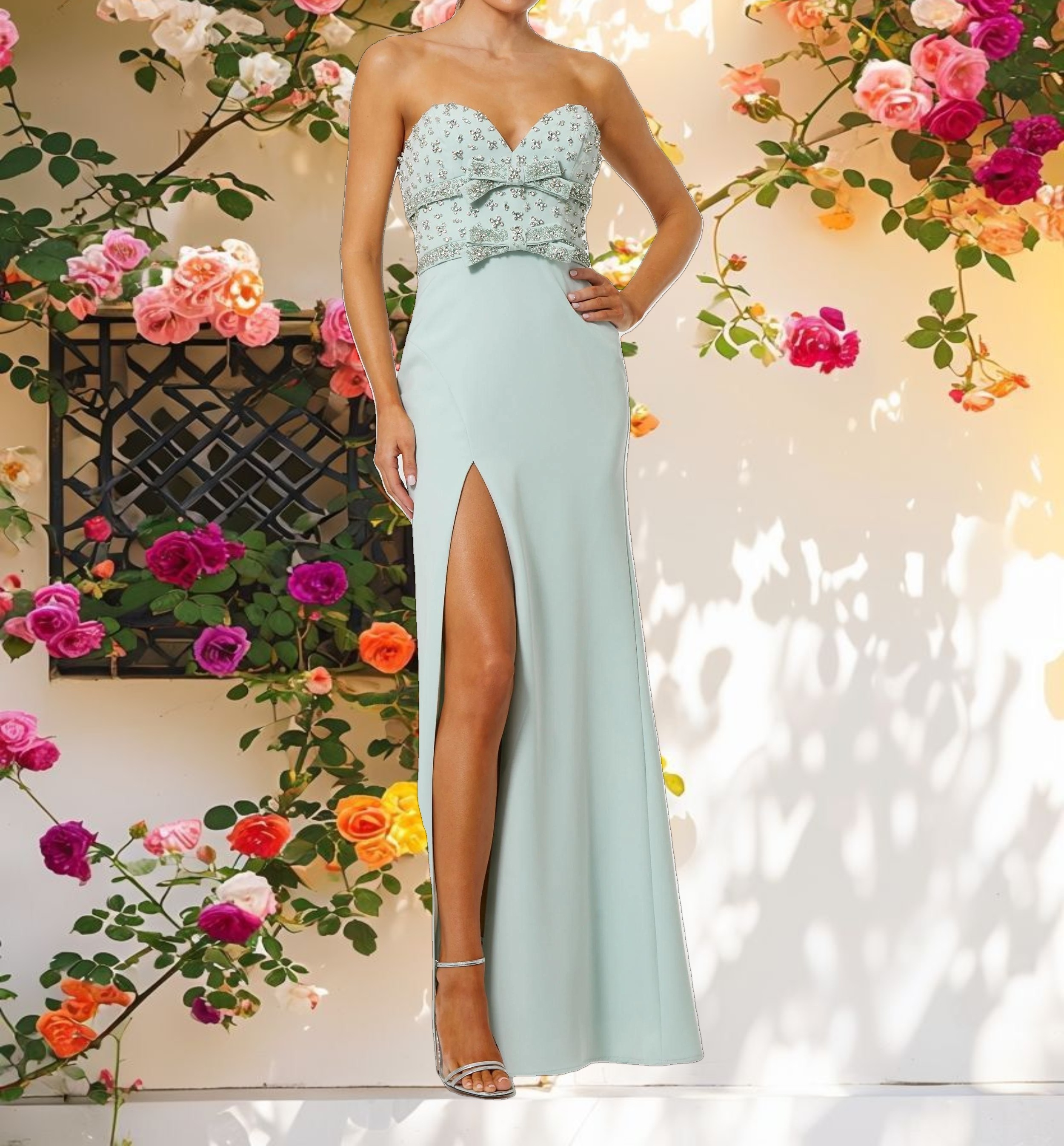 Strapless Rhinestone Crepe Gown