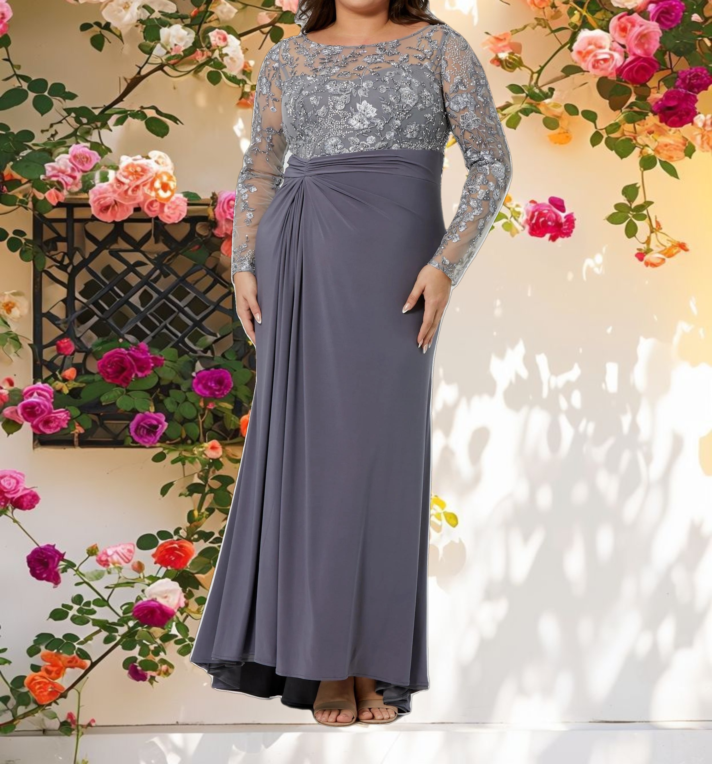 Embroidered Top Jersey Skirt Gown