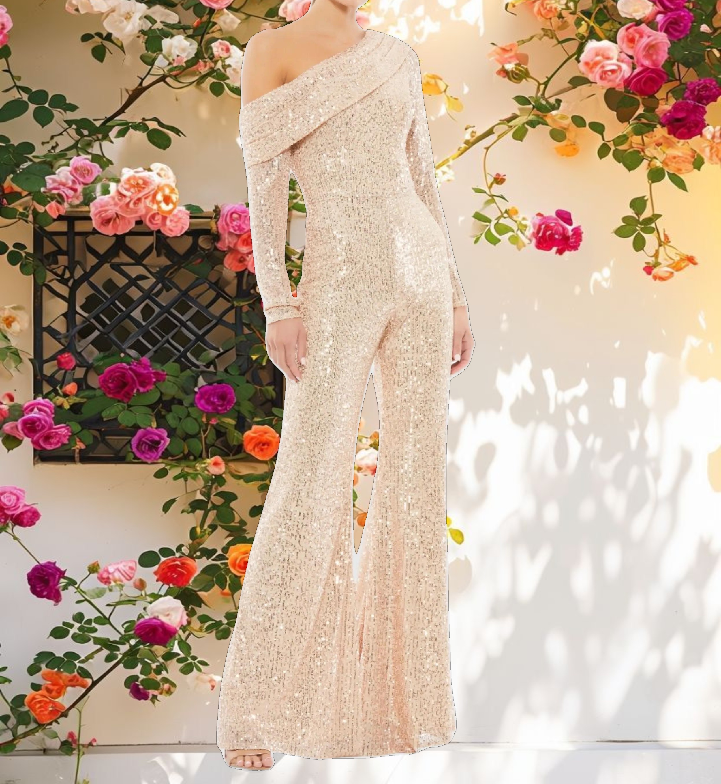 Gold Sequined Drop Shoulder Long Sleeve Jumpsuit