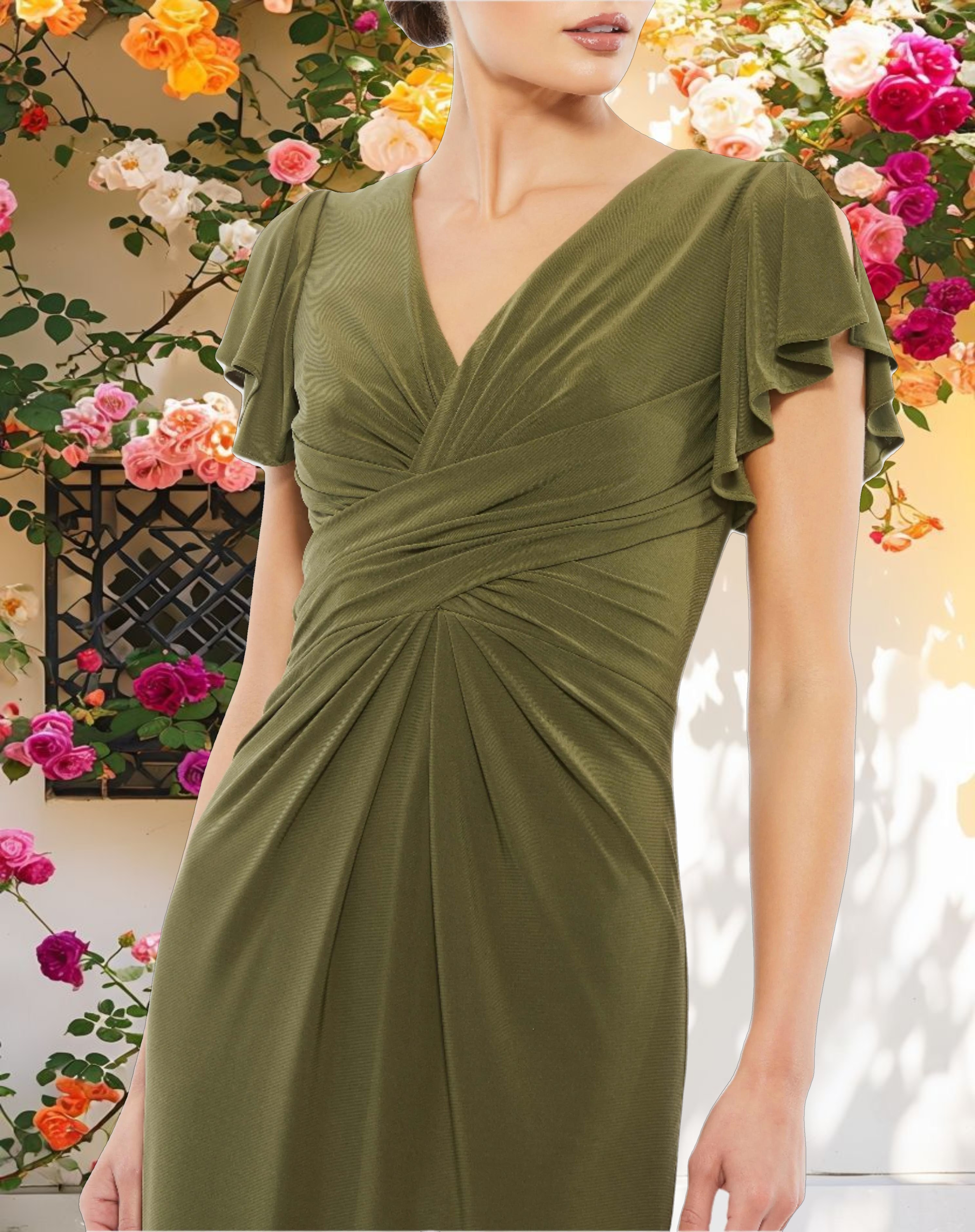 Dark Green Flounce Sleeve Midi Dress