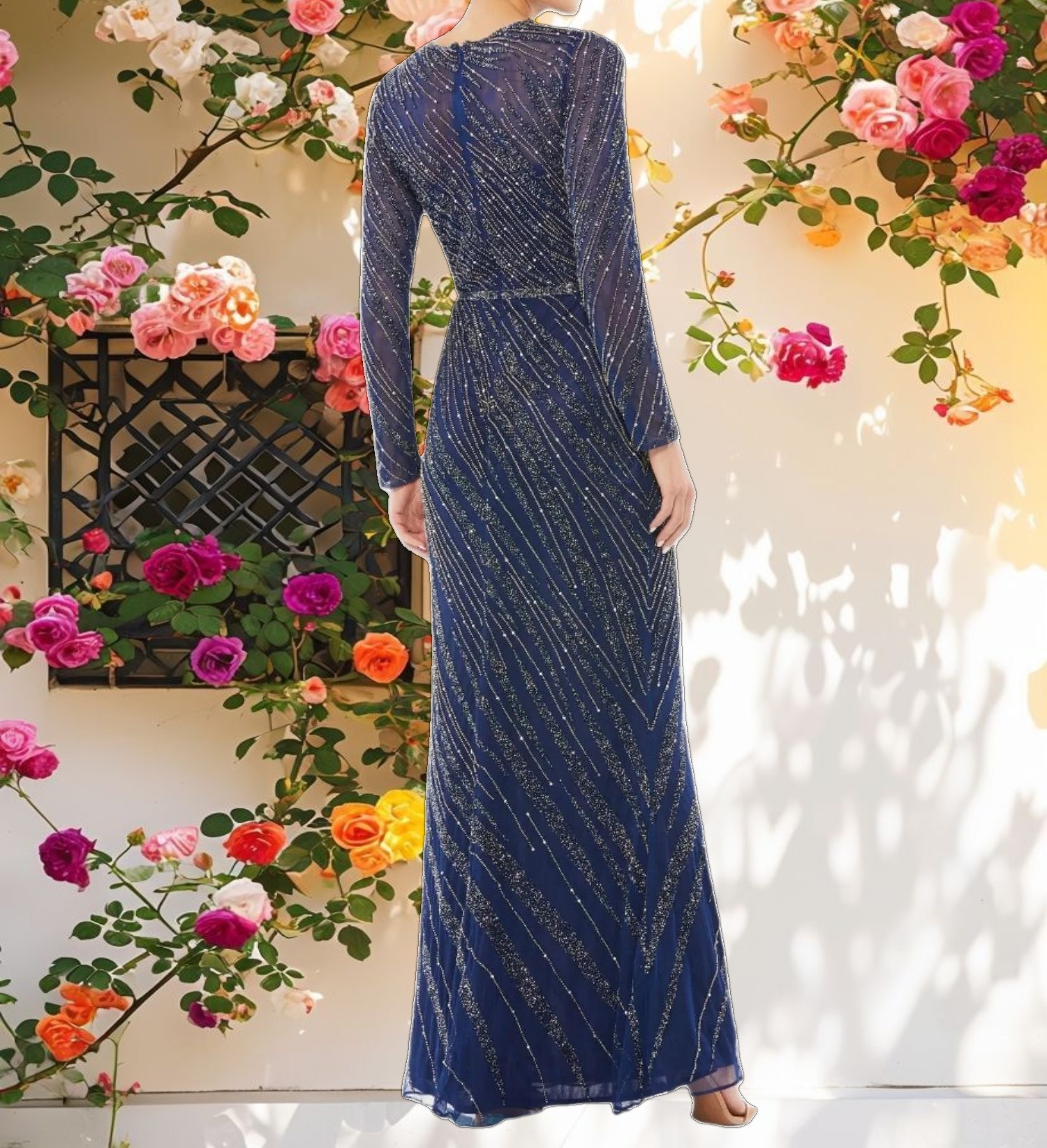 Blue Long Sleeve Beaded Dress