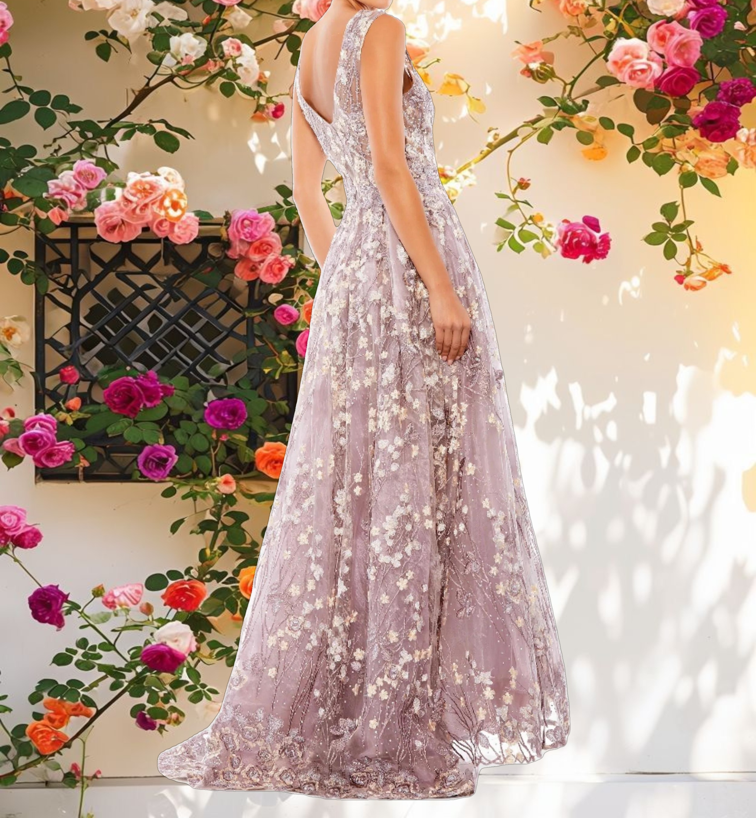 Floral Embroidered Illusion V Neck Gown
