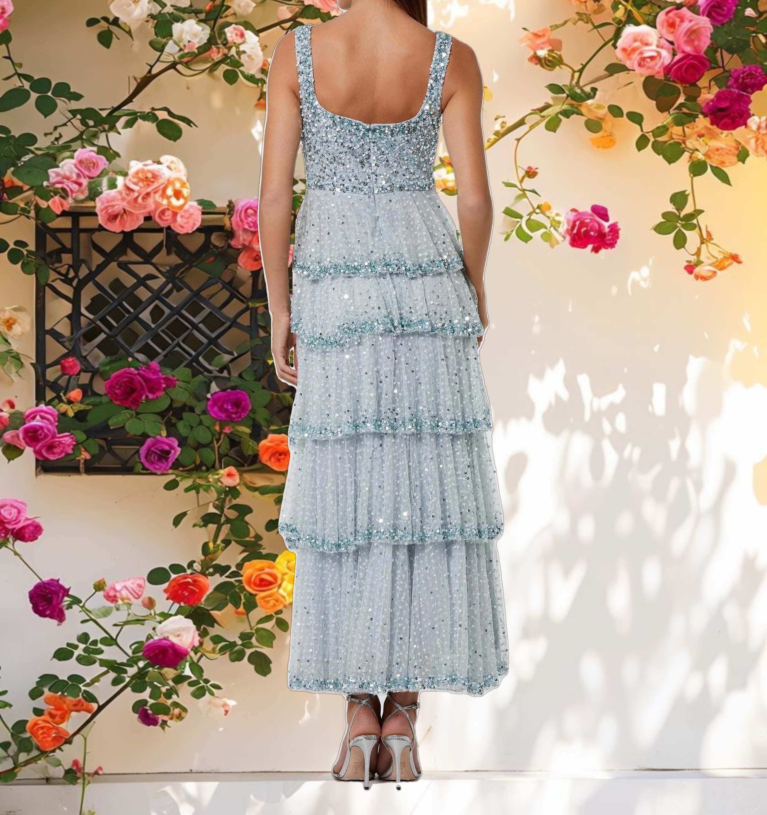 Blue Decorated Net Tiered Ruffle Neck Dress