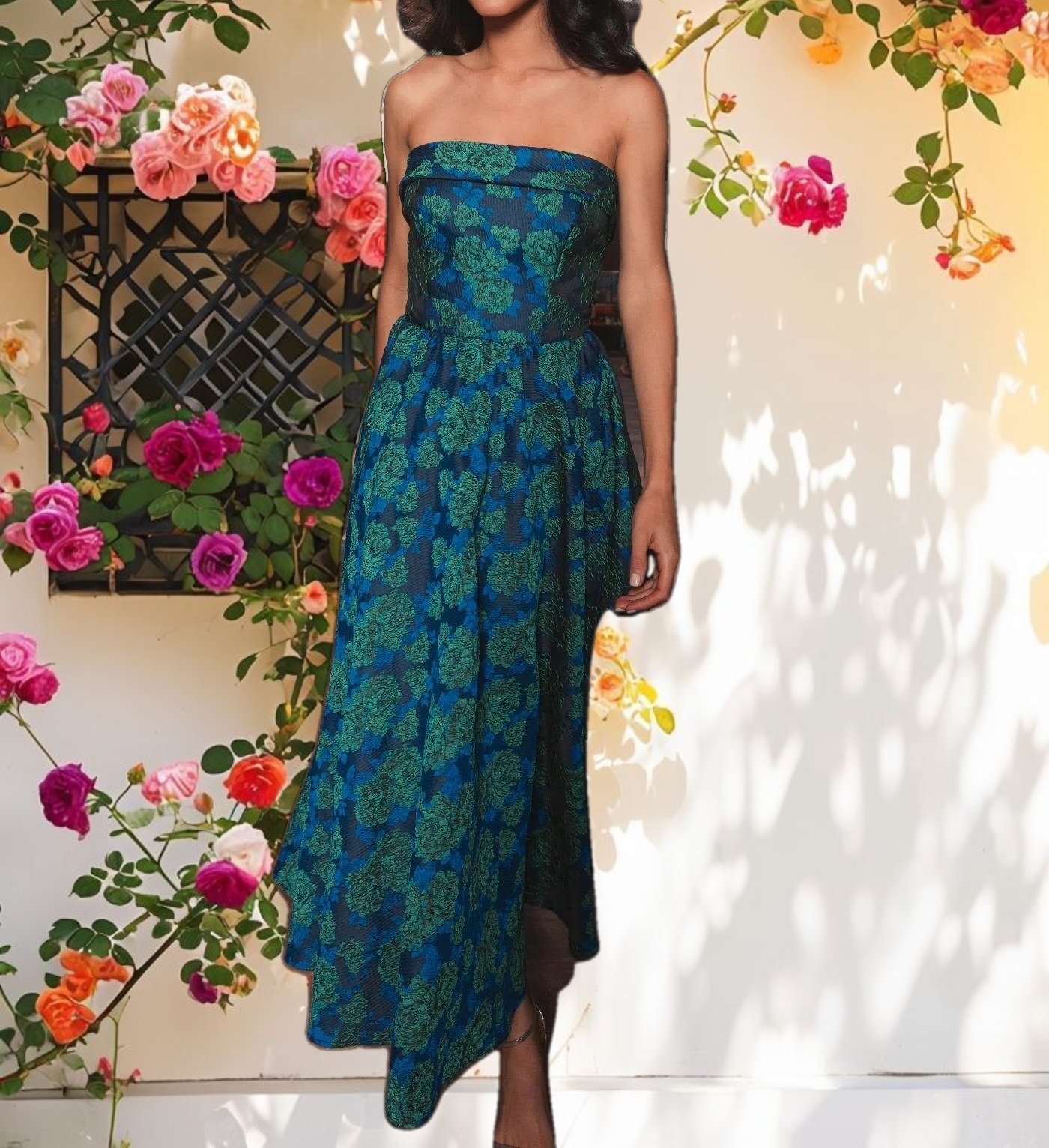 Blue and Green Brocade Strapless A Line Midi Dress