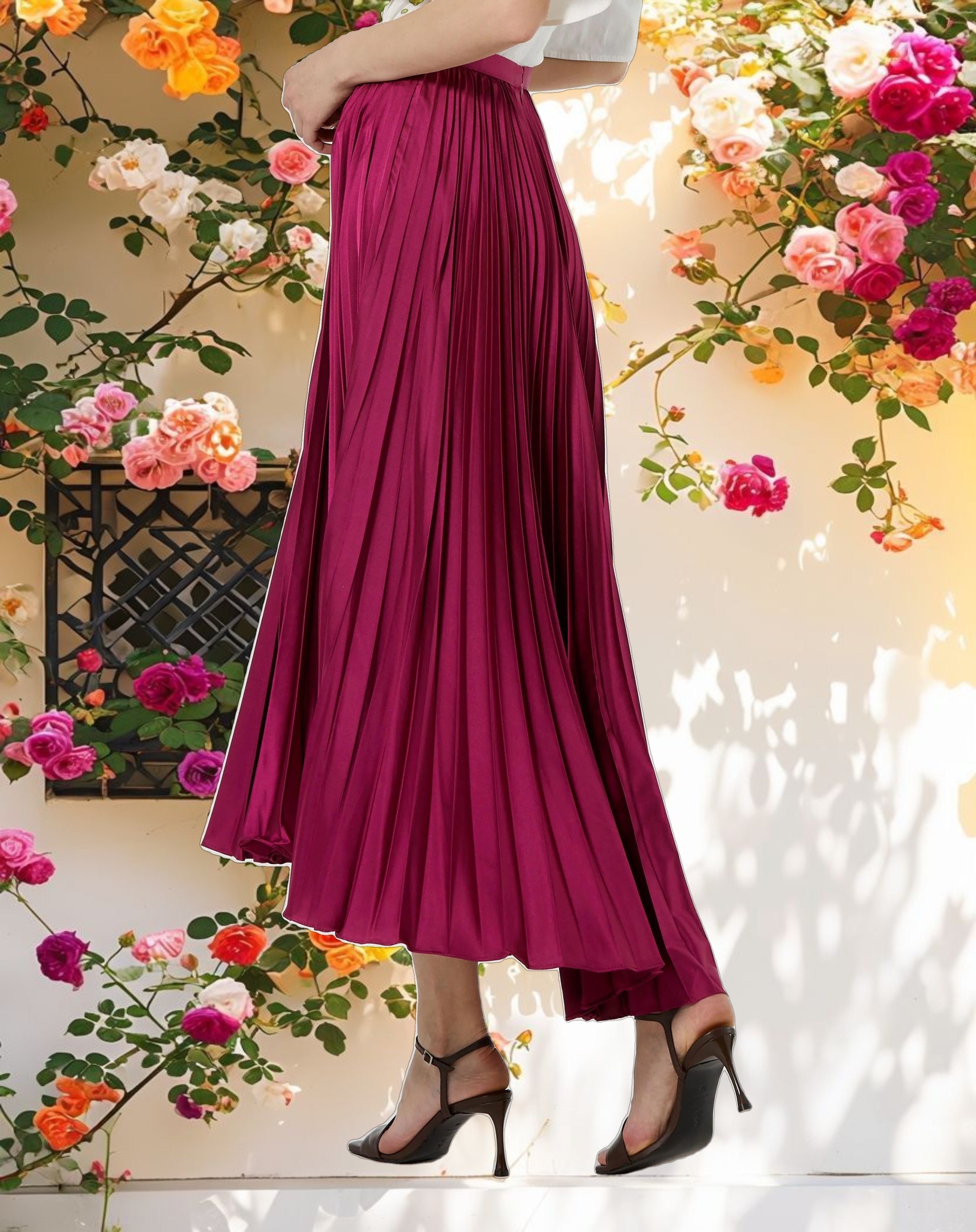 Pleated Satin Maxi Skirt