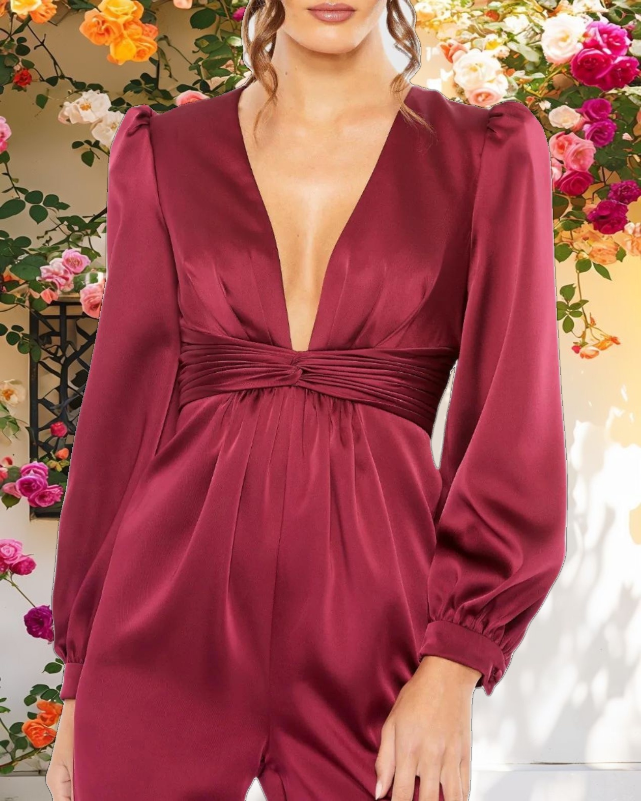 Red Front Twist Puff Sleeve Deep V Jumpsuit