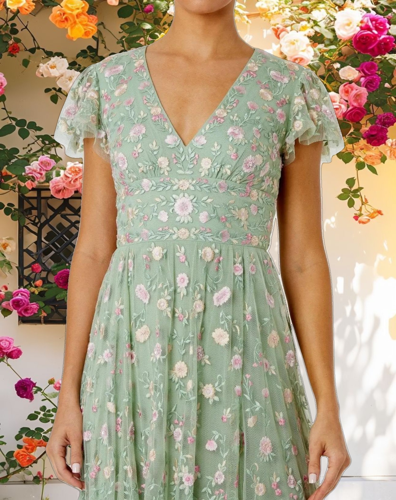 Multicolor Embroidered V Neck Cap Sleeve Midi Dress