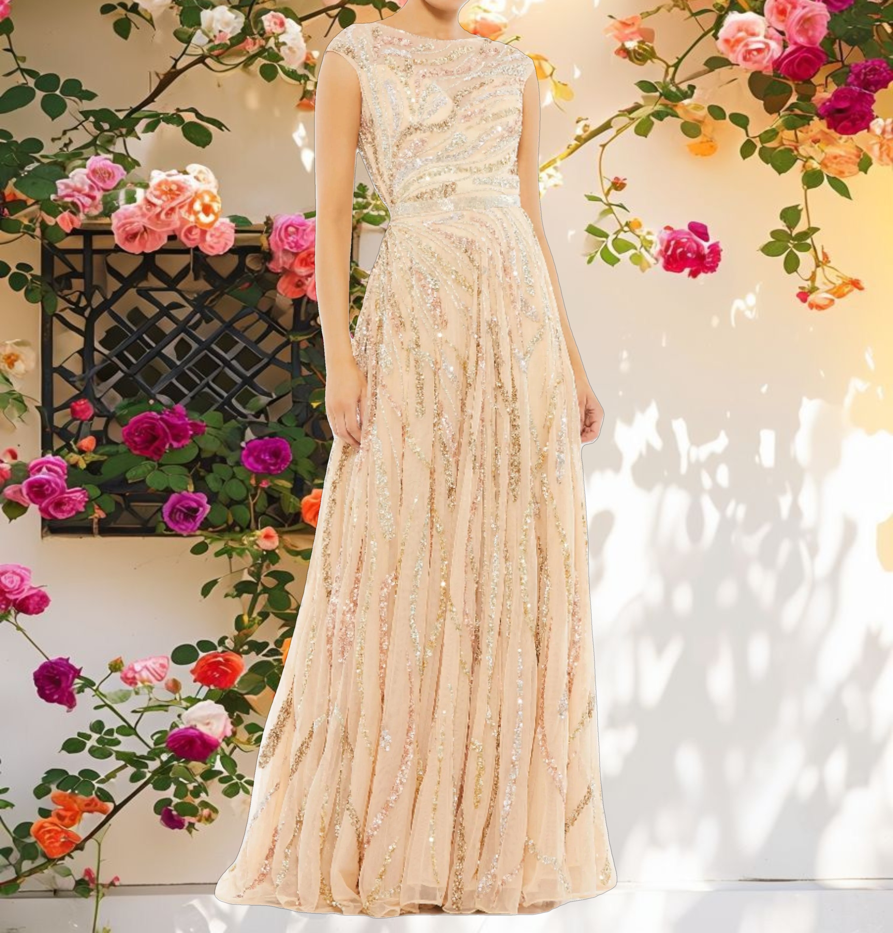 Beige Cap Sleeve Embellished Evening Gown