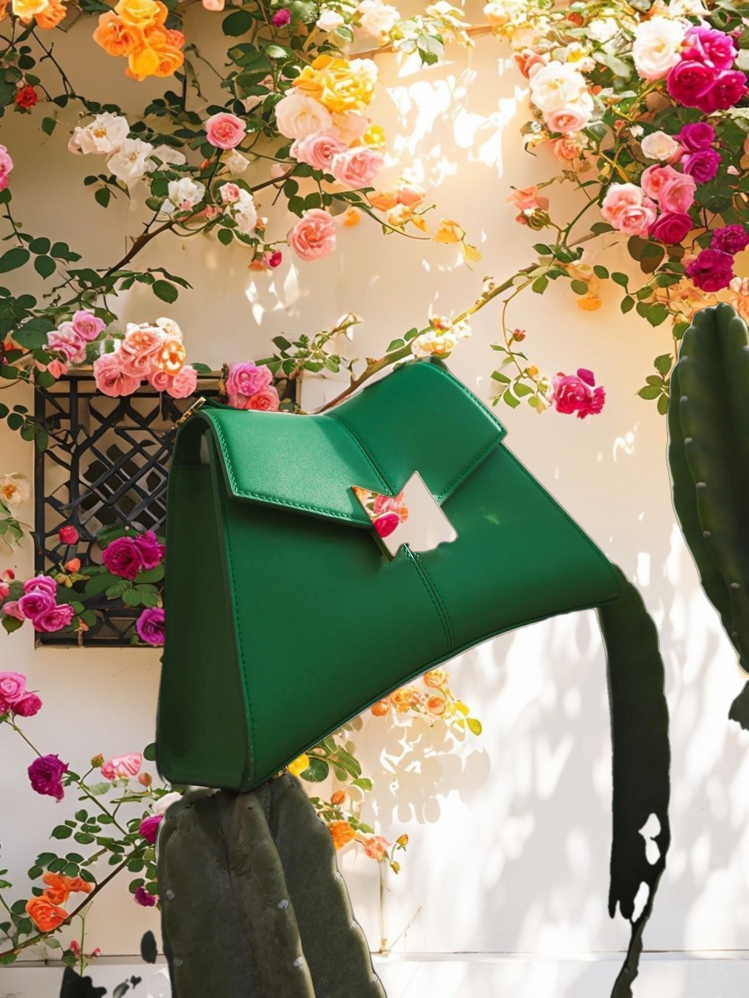 Angular Small Green Leather Handbag With Gold Hardware