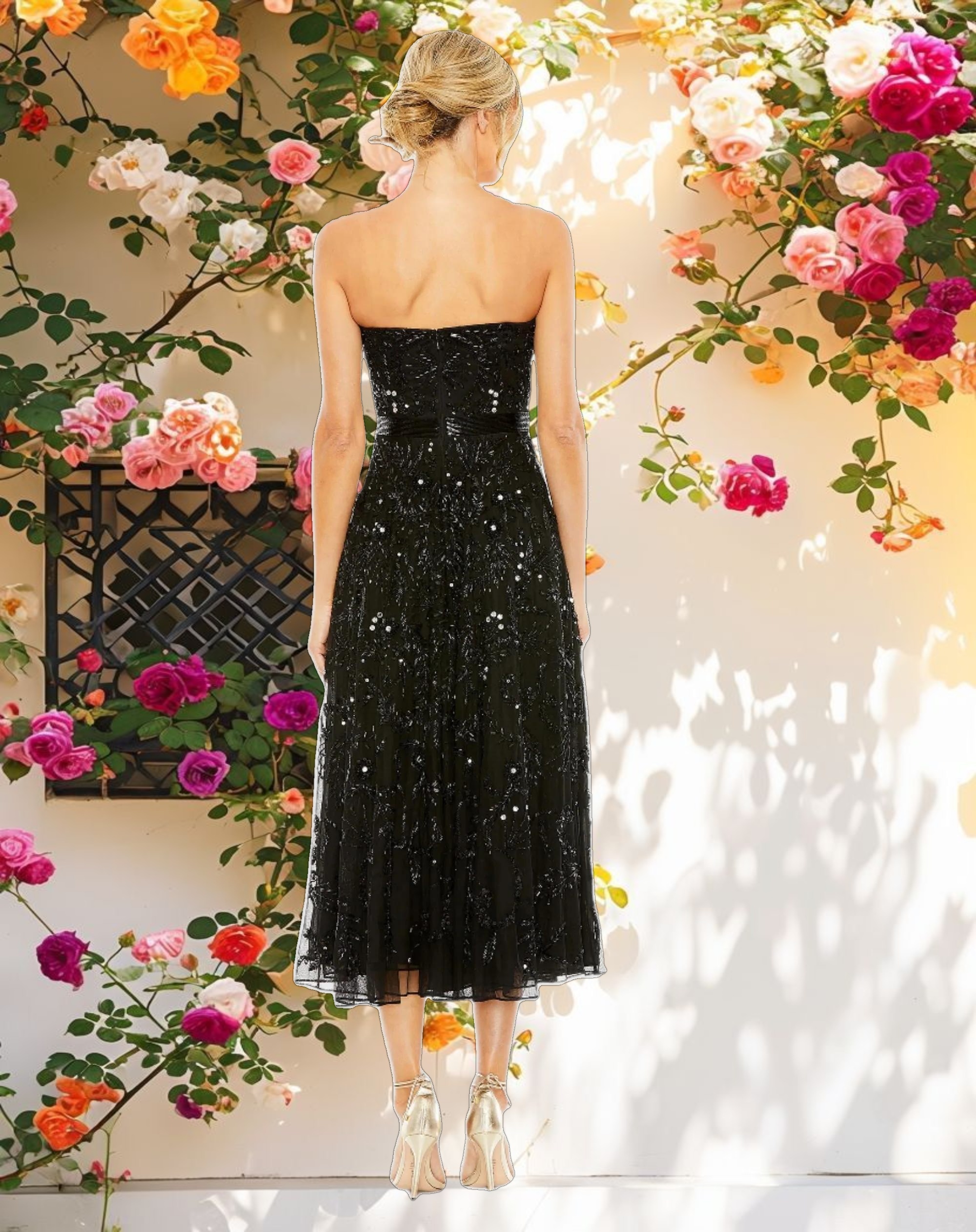 Black Strapless Embellished A Line Dress