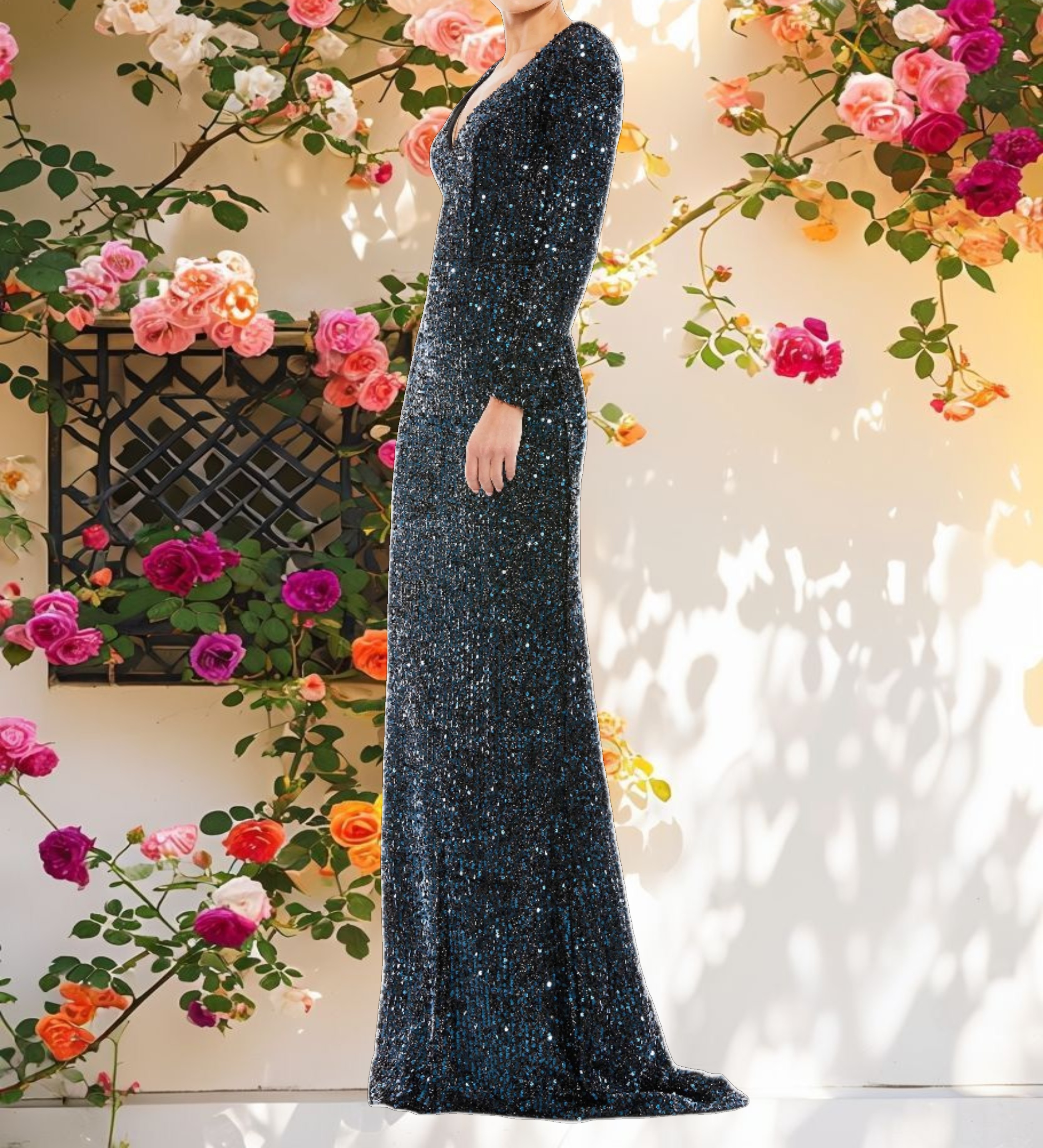 Navy Long Sleeve Sequined Gown