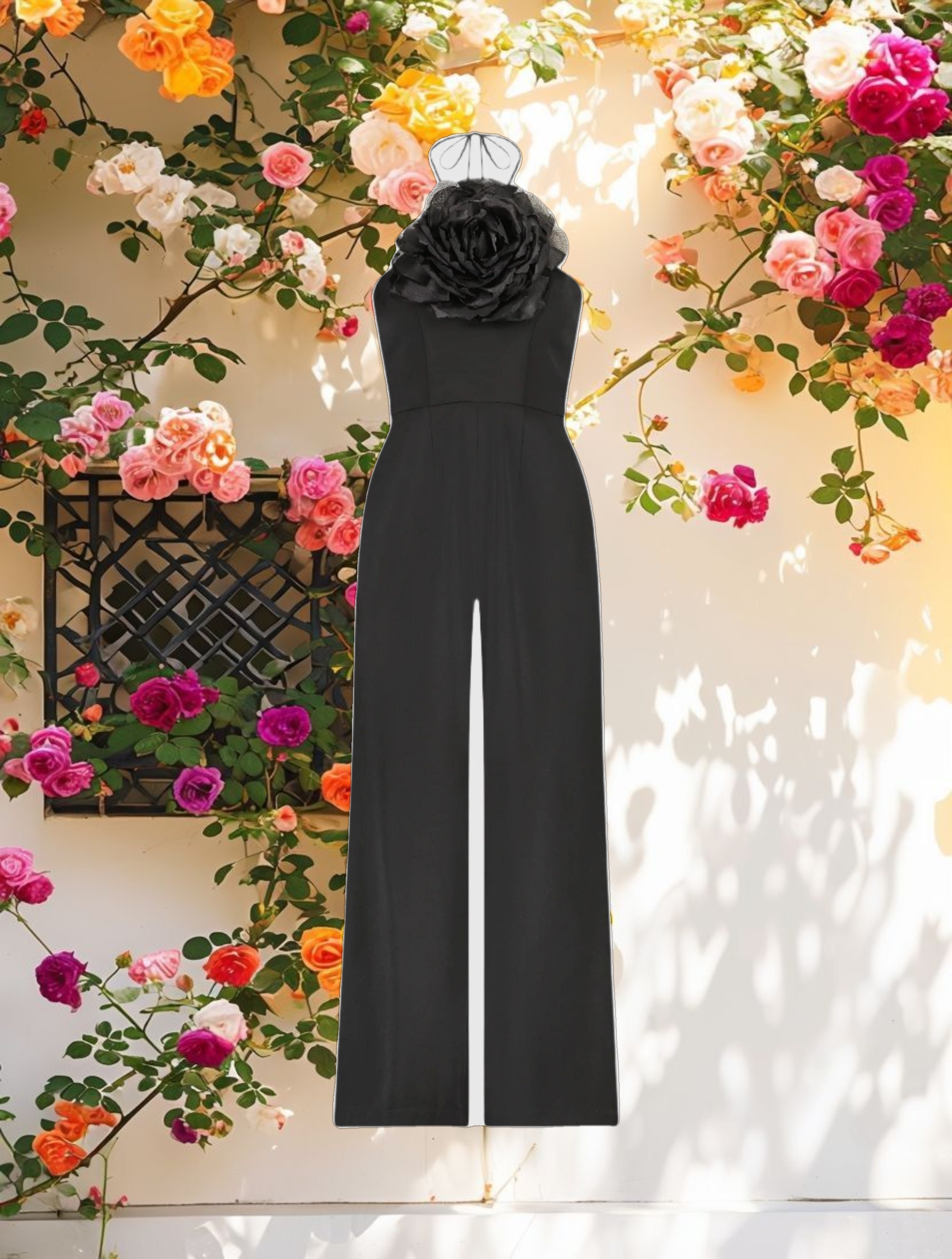 Black Crepe Halter Neck Jumpsuit With Flower