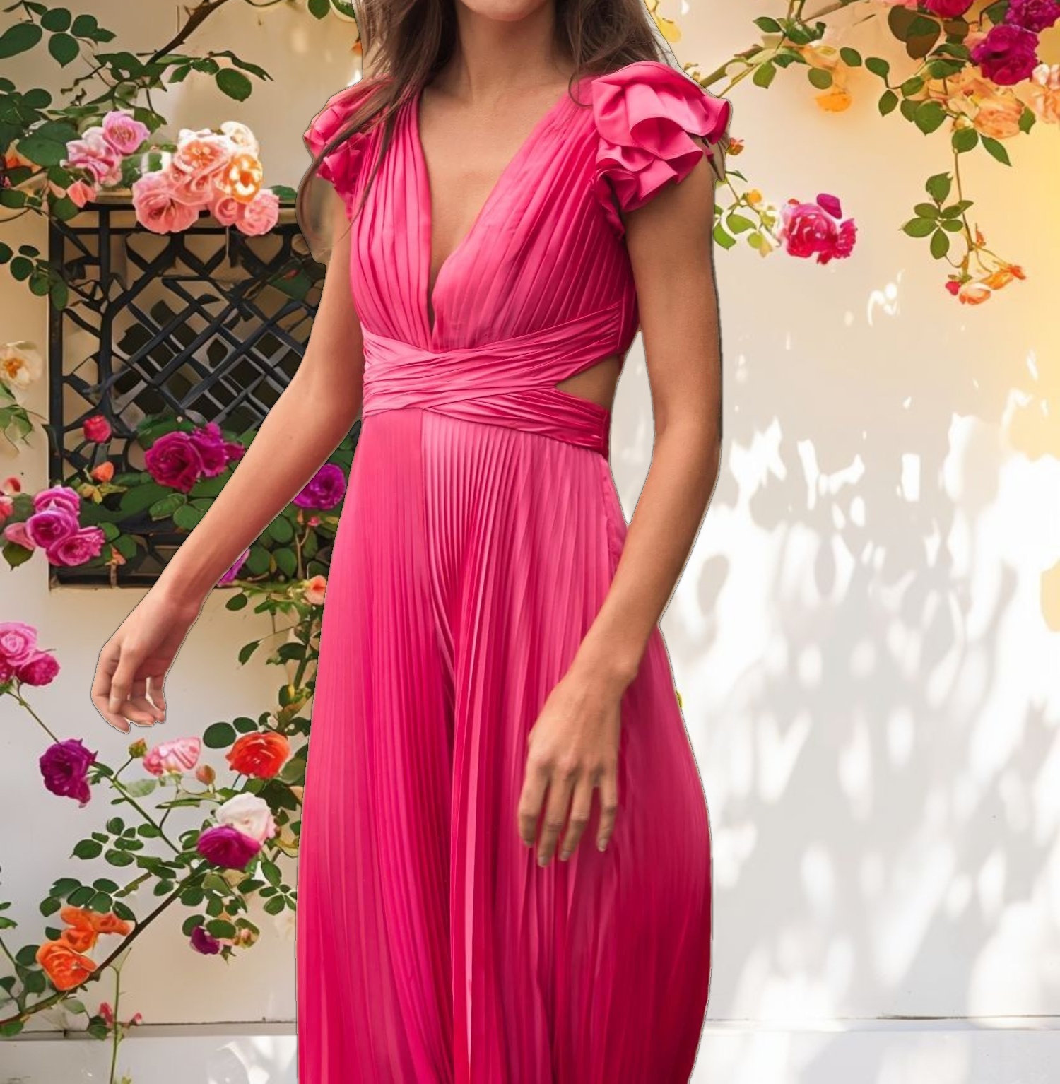 Pink Ruffle Cap Sleeve Cutout Heat Pleated Jumpsuit