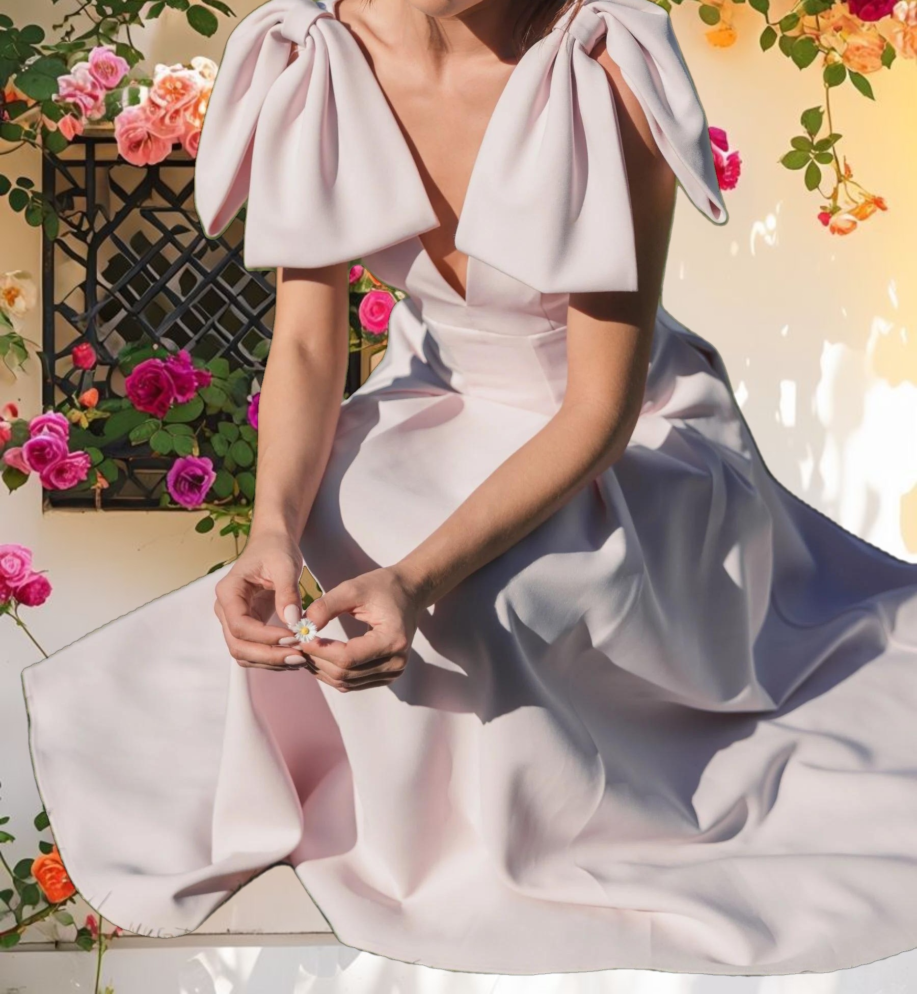 Pink Crepe A Line Midi Dress With Bow Straps