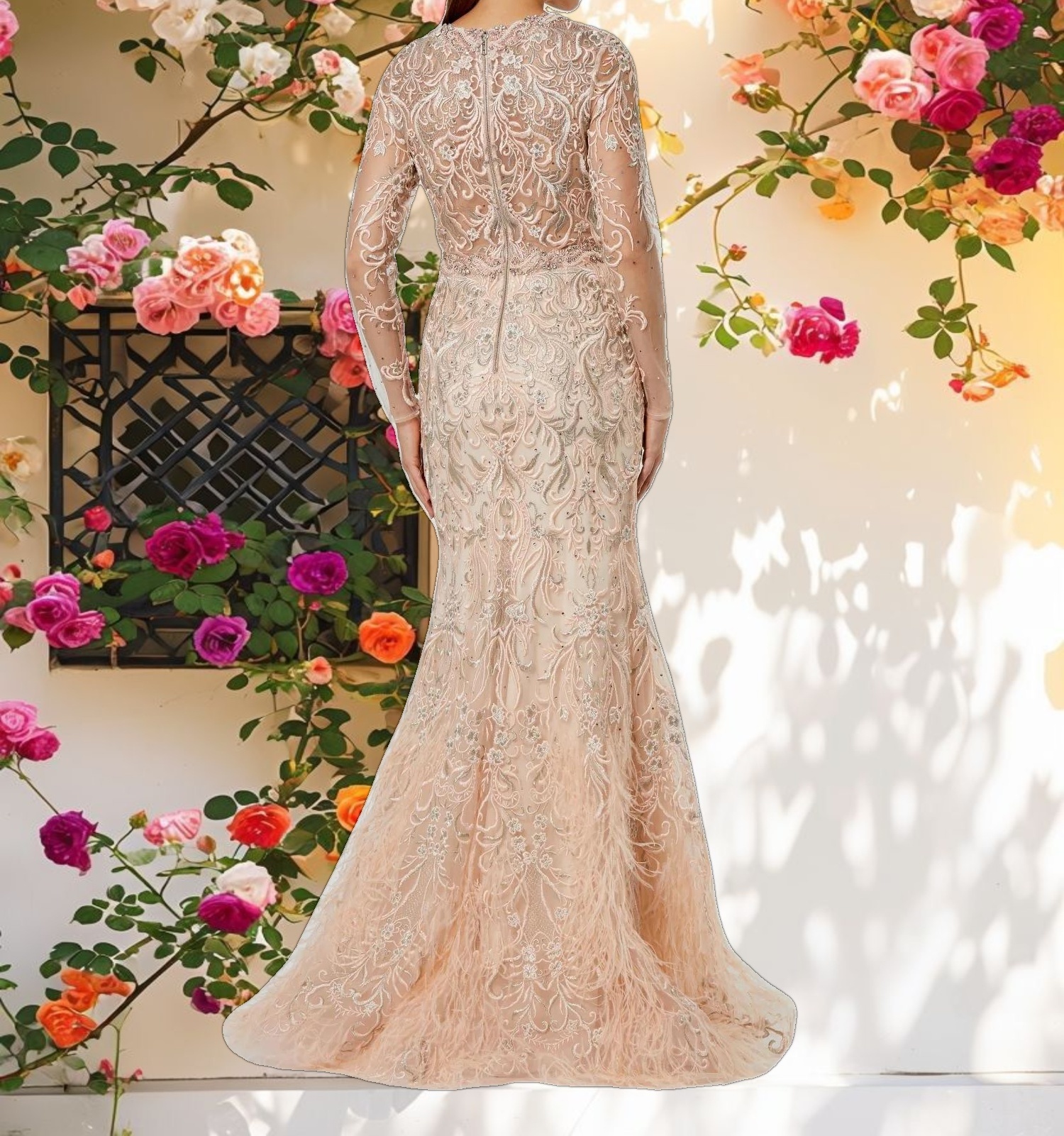 Pink Embroidered Illusion Long Sleeve Trumpet Gown