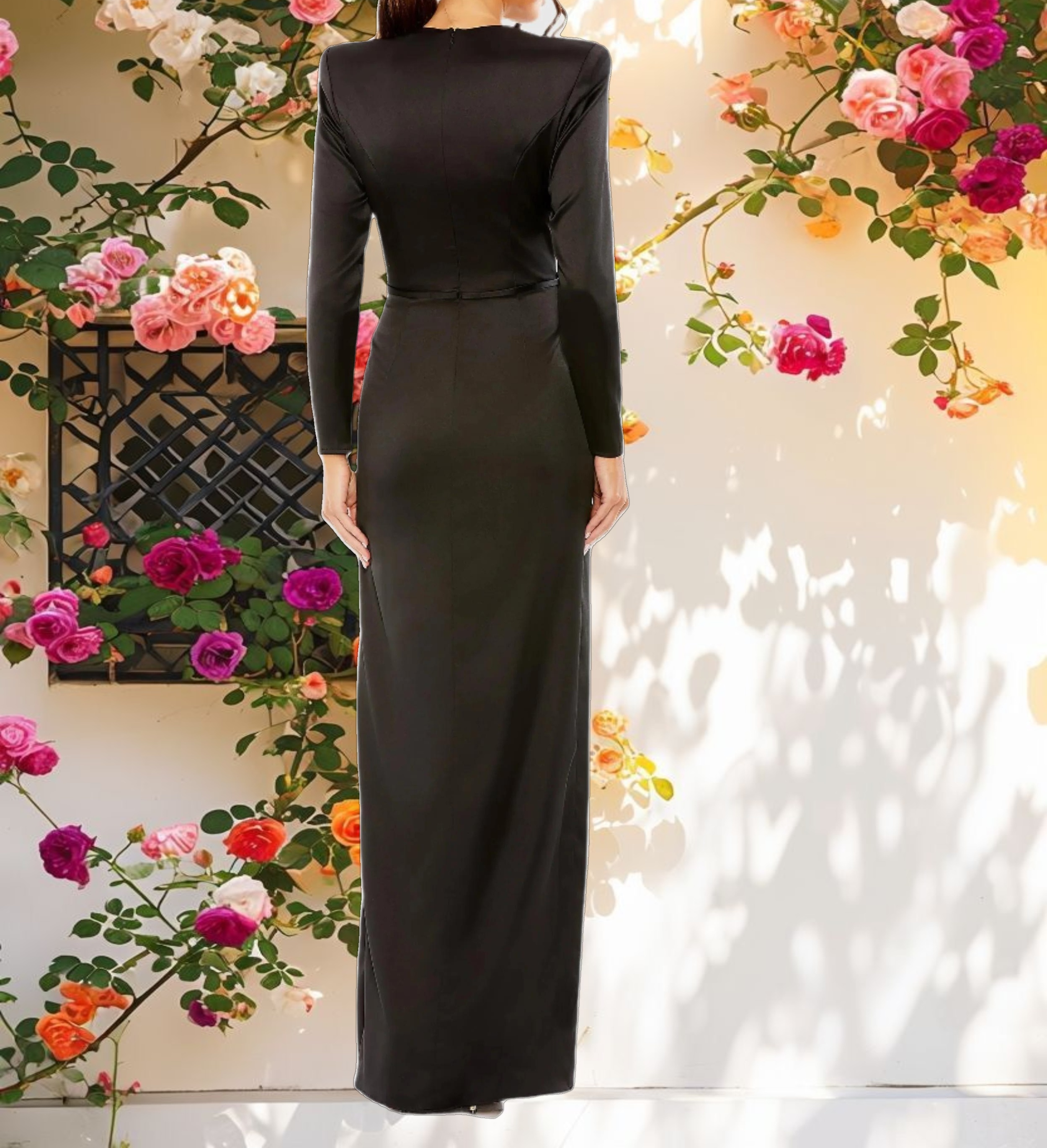 Black Long Sleeve Satin Structured Bow Draped Column Gown