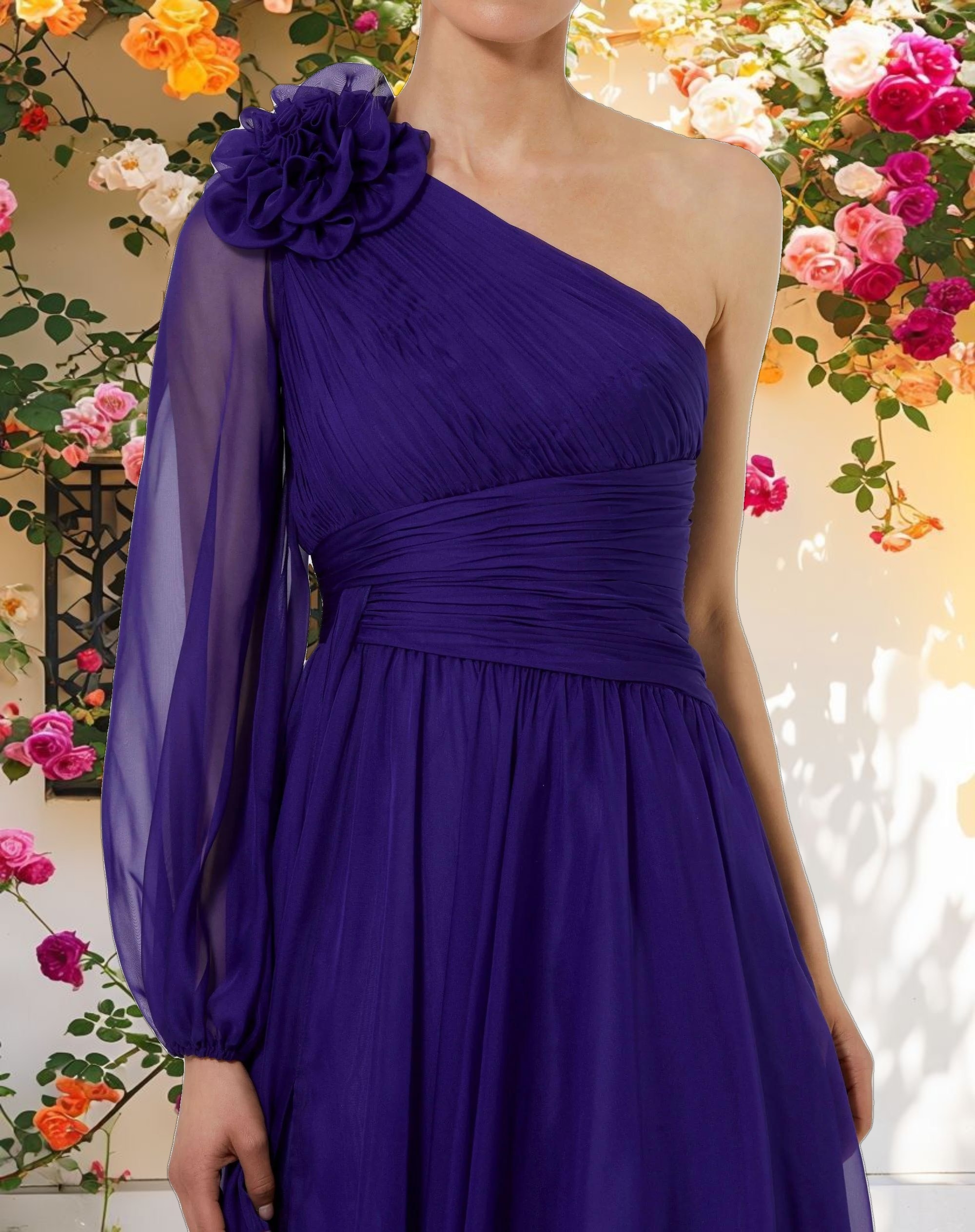 One Sleeve Ruched Chiffon Gown