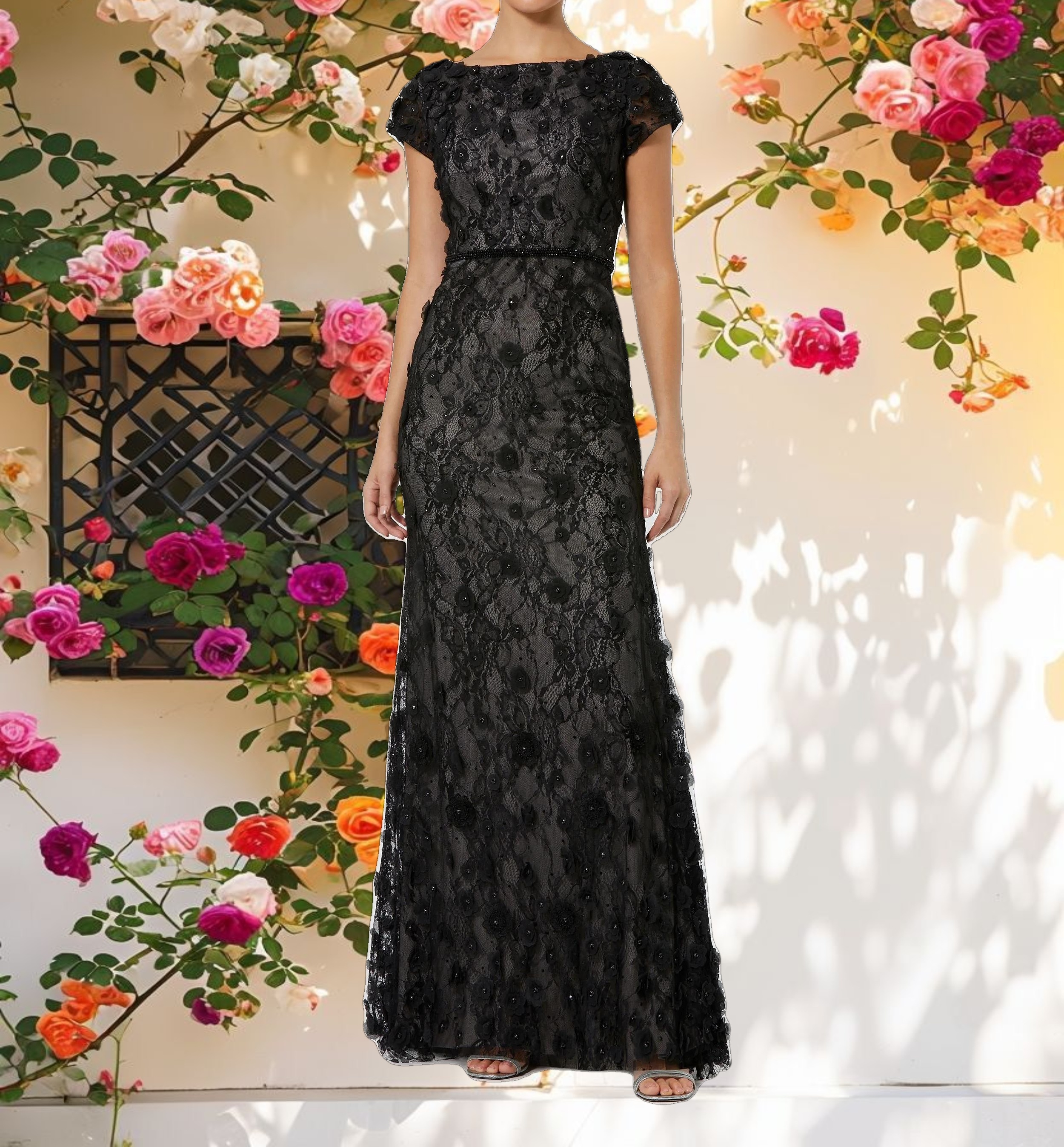 Floral Applique Boat Neck Short Sleeve Gown