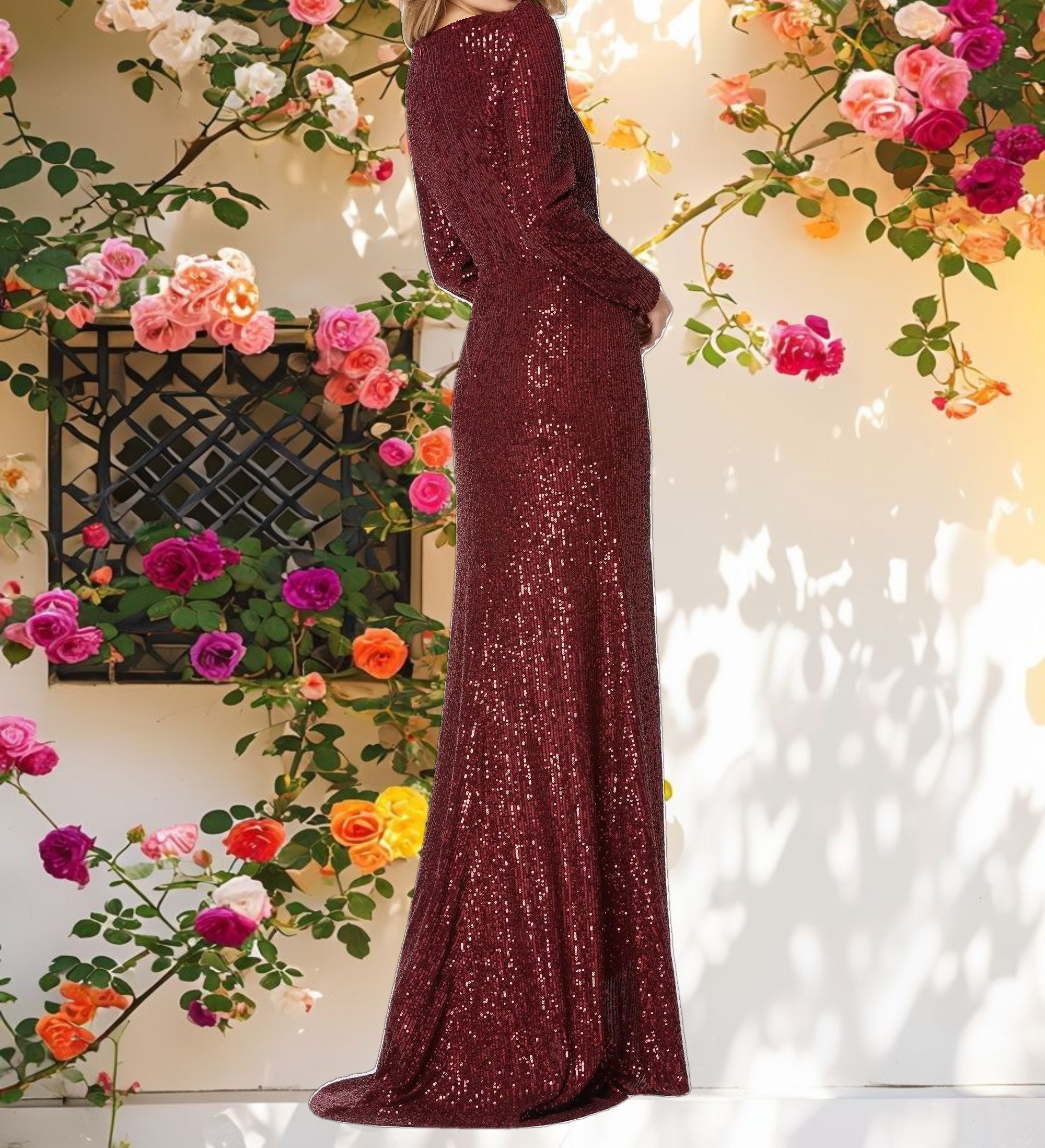 Red Faux Wrap Long Sleeve Sequin Gown