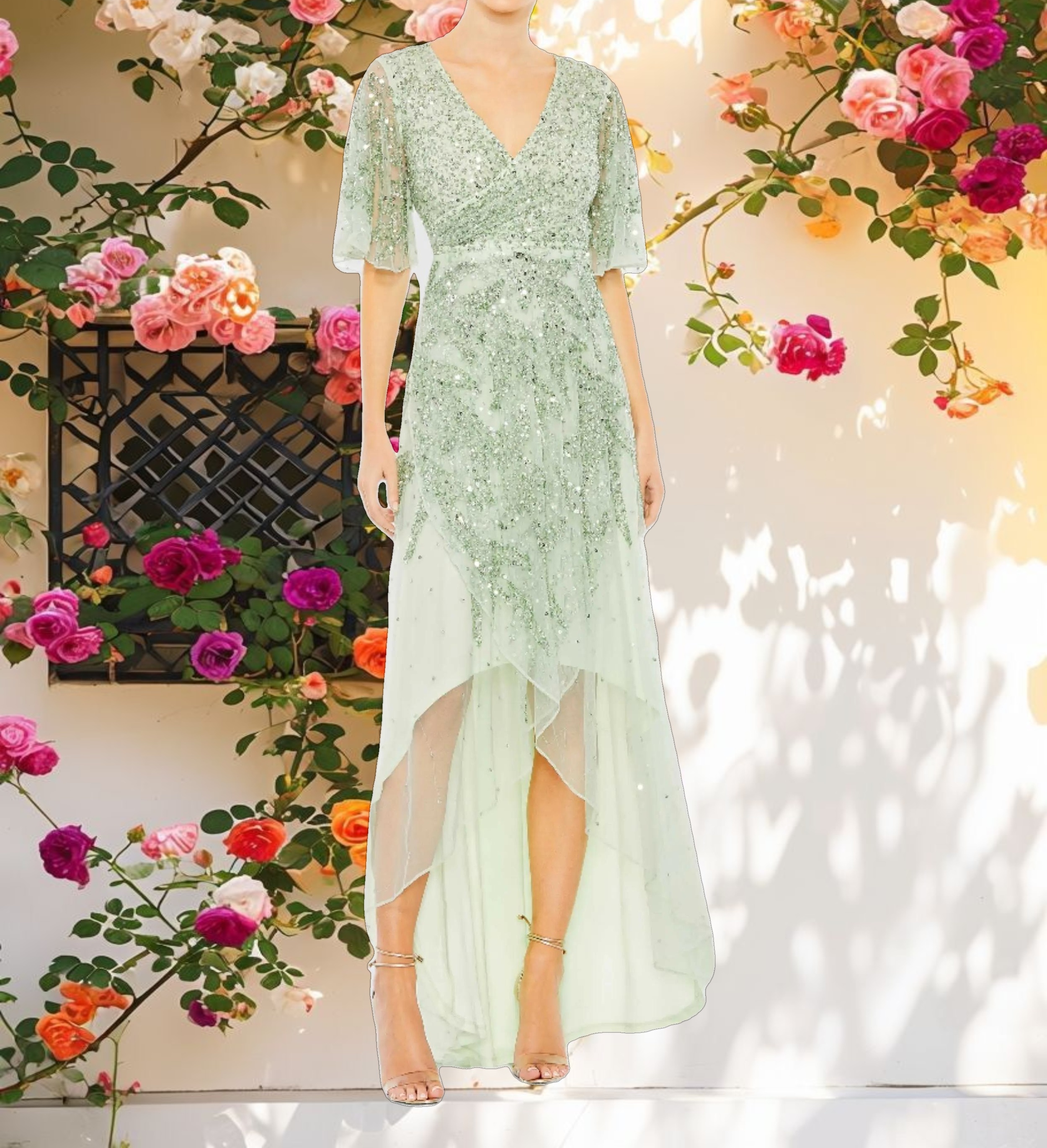 Elegant Sequined Butterfly Sleeve High Low Gown