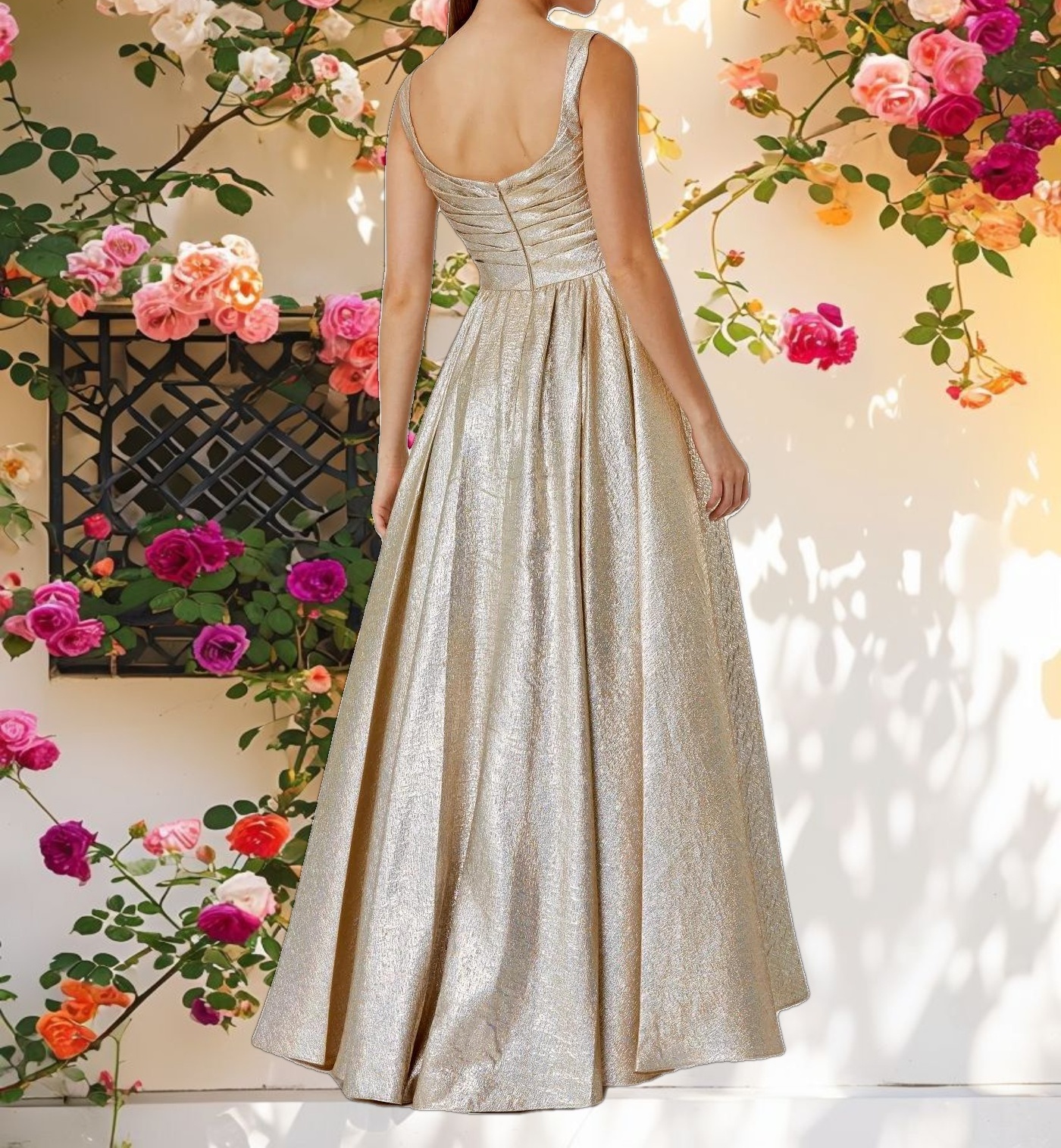 Gold Metallic Pleated Bodice Ballgown