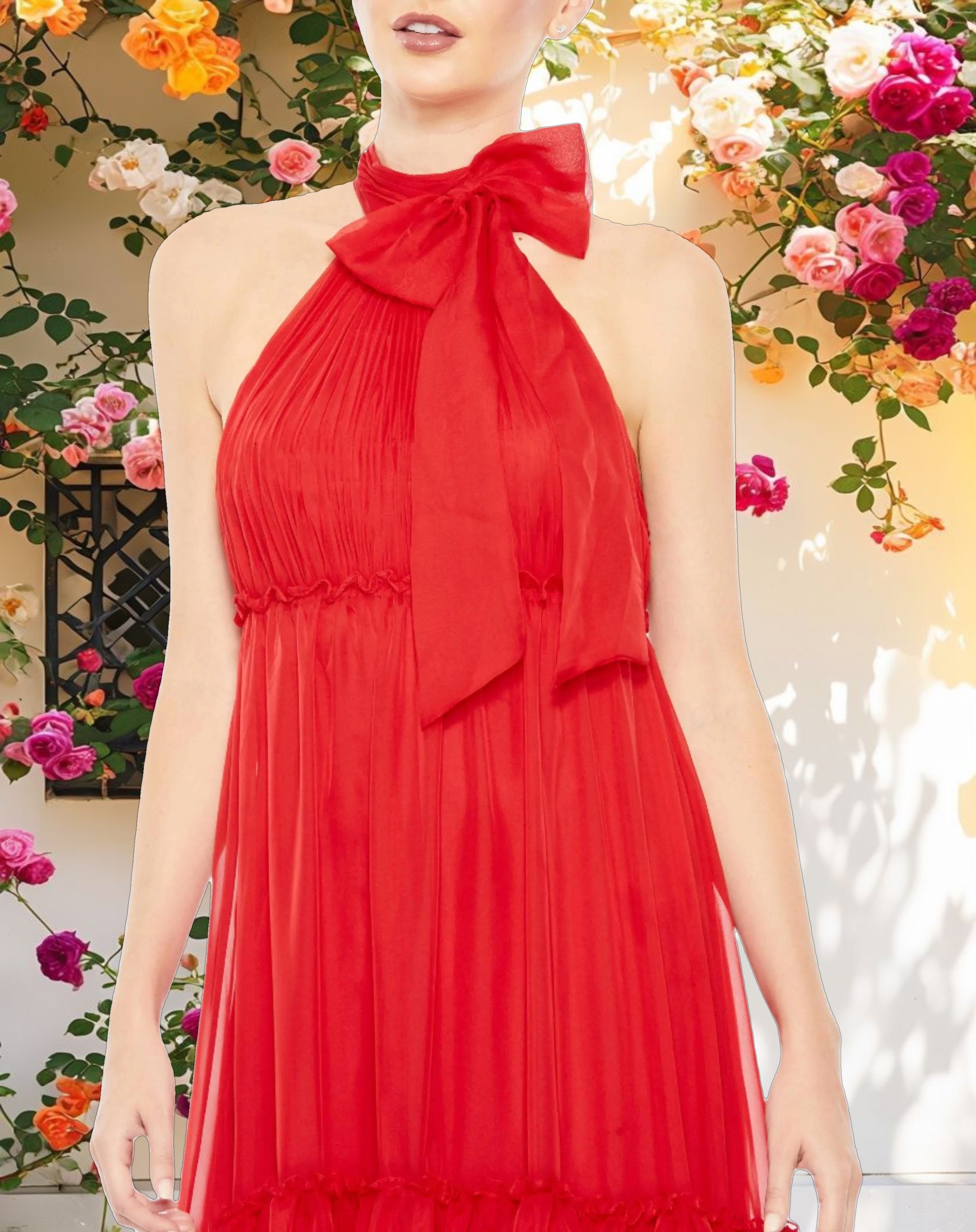 Red Ruched Tiered High Neck Bow A Line Gown