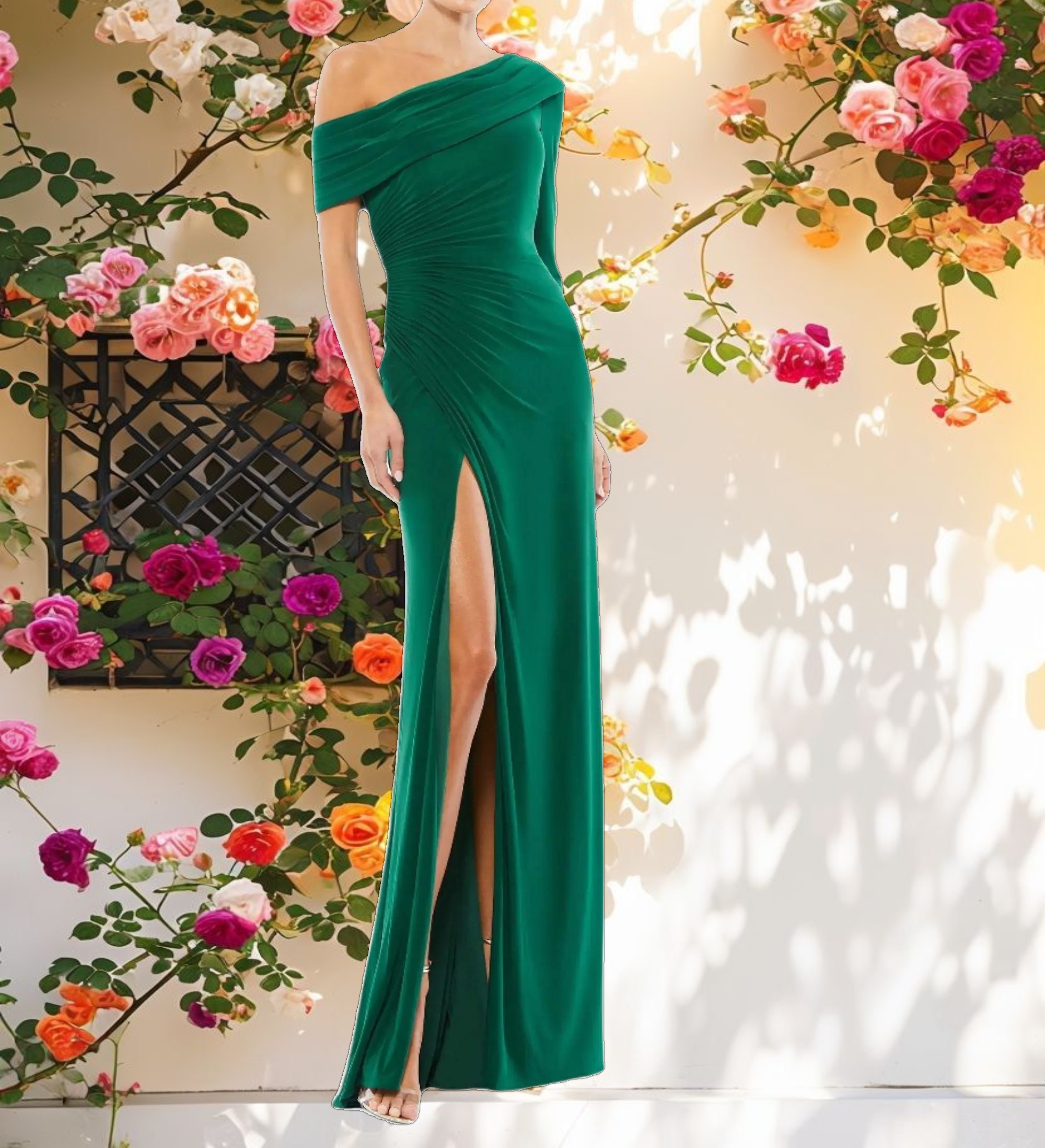 Ruched Jersey Drop Shoulder Gown
