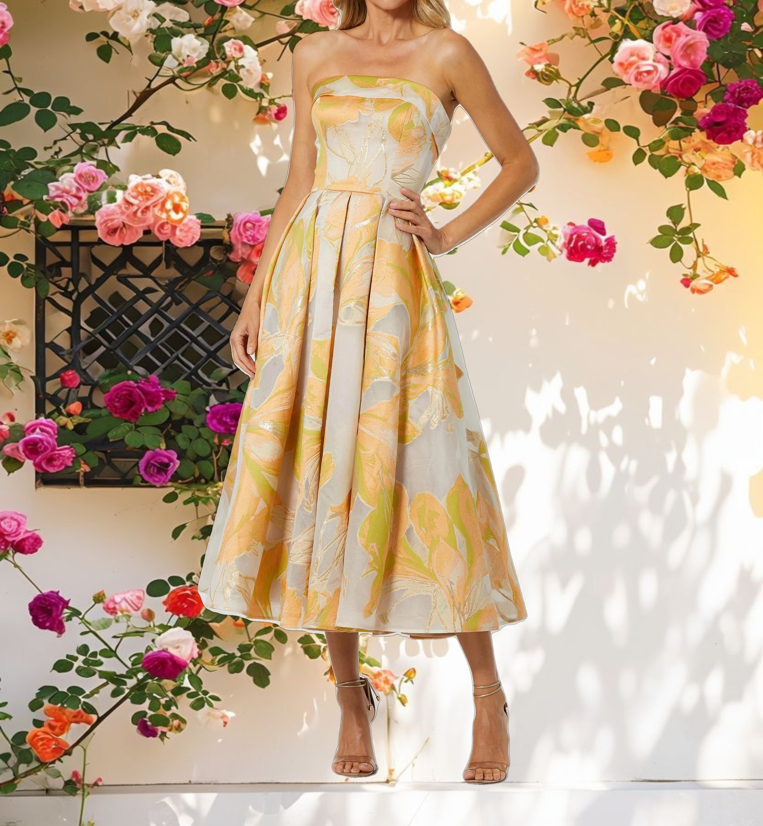 Beige and Orange Strapless Brocade Midi Dress with Pockets