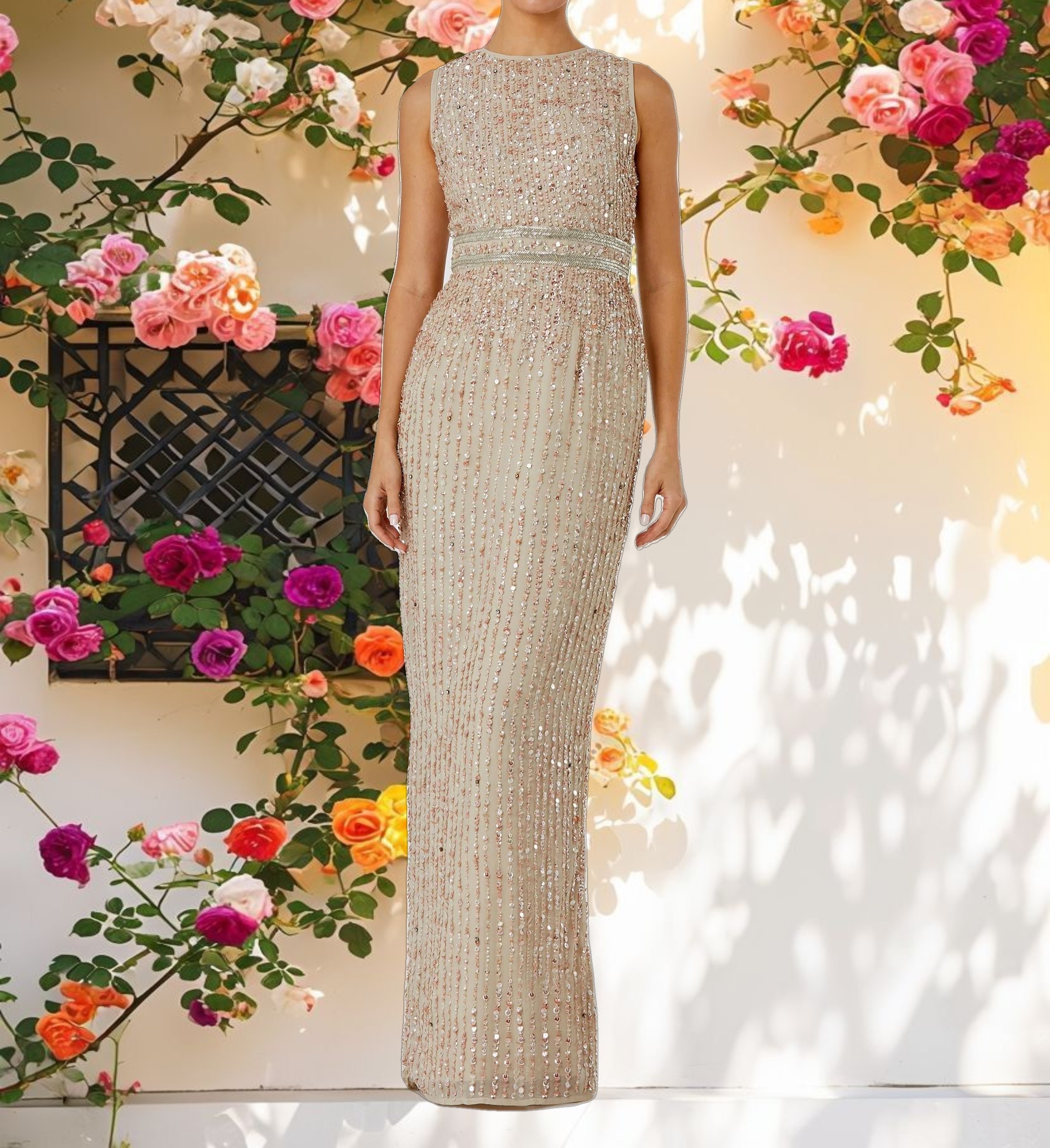 Beige Sequined High Neck Sleeveless Column Gown