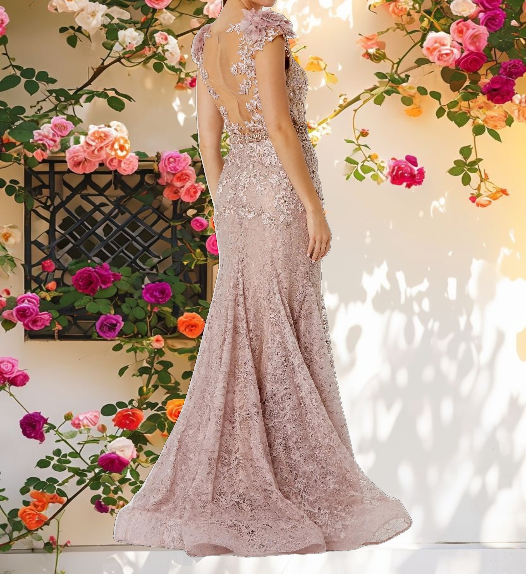 Pink Embroidered Illusion Appliqued Bodice Trumpet Gown