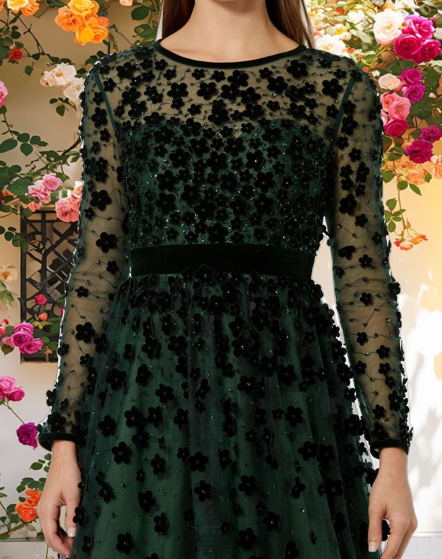 Green Decorated False Neck Long Sleeve Fit & Flare Dress