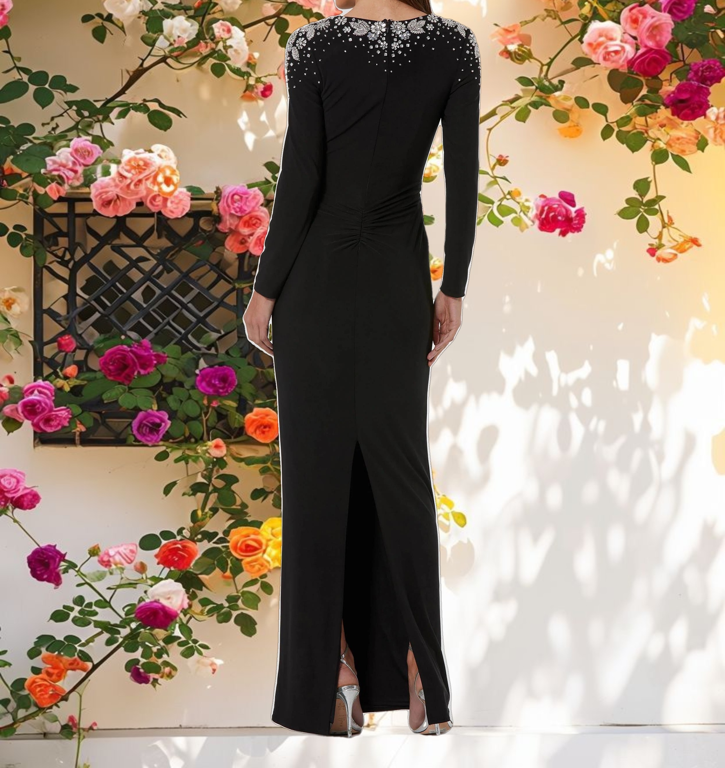 V Neck Faux Knot Gown With Beaded Shoulders