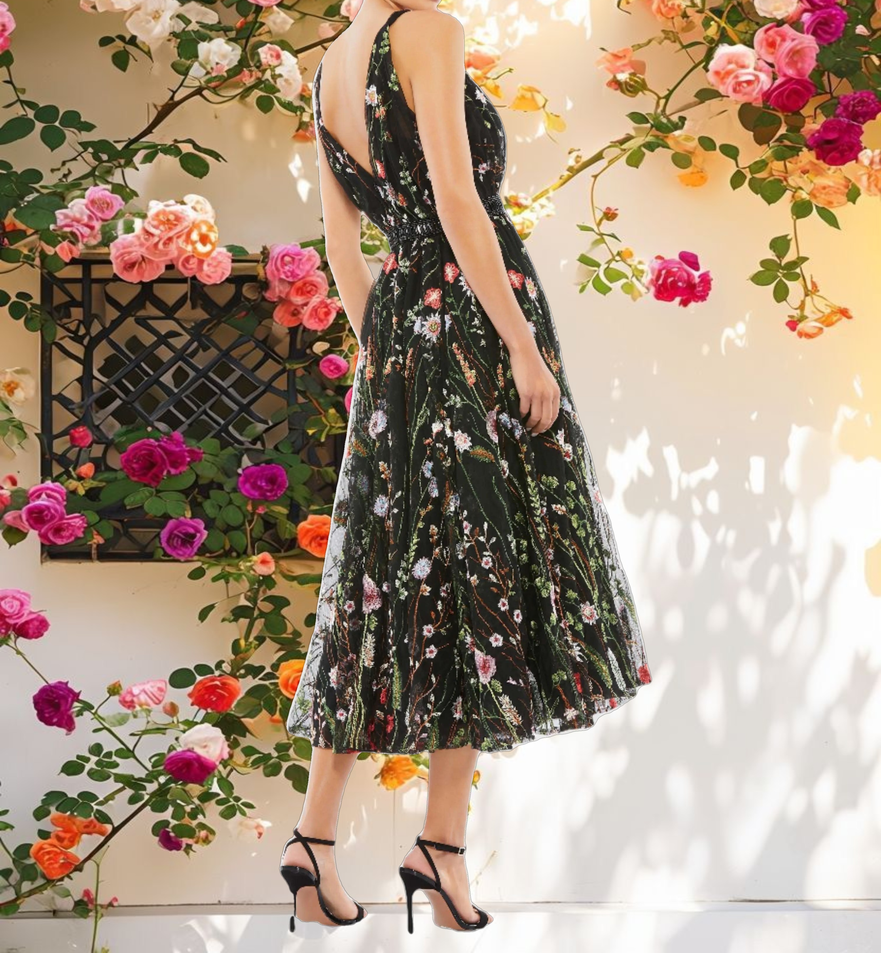 Black Floral Embroidered Midi Dress